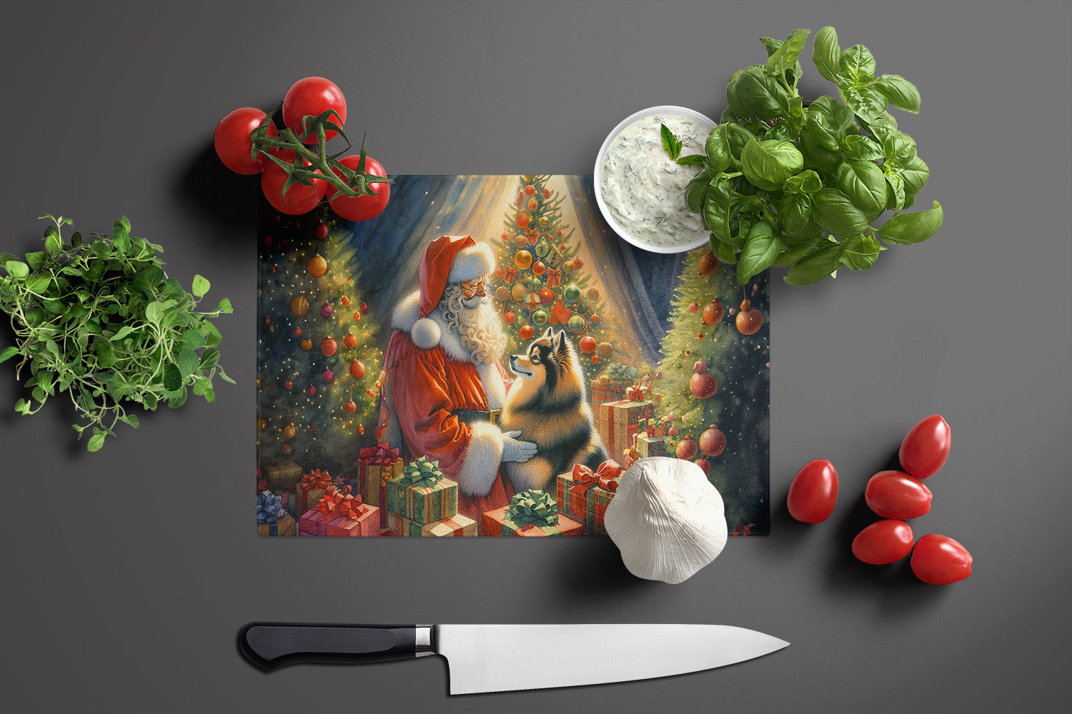 Finnish Spitz and Santa Claus Cutting Board Tempered Glass Kitchen Cutting Surface, Heat Resistant Chopping, Non-Slip Feet, Food Prep & Serving