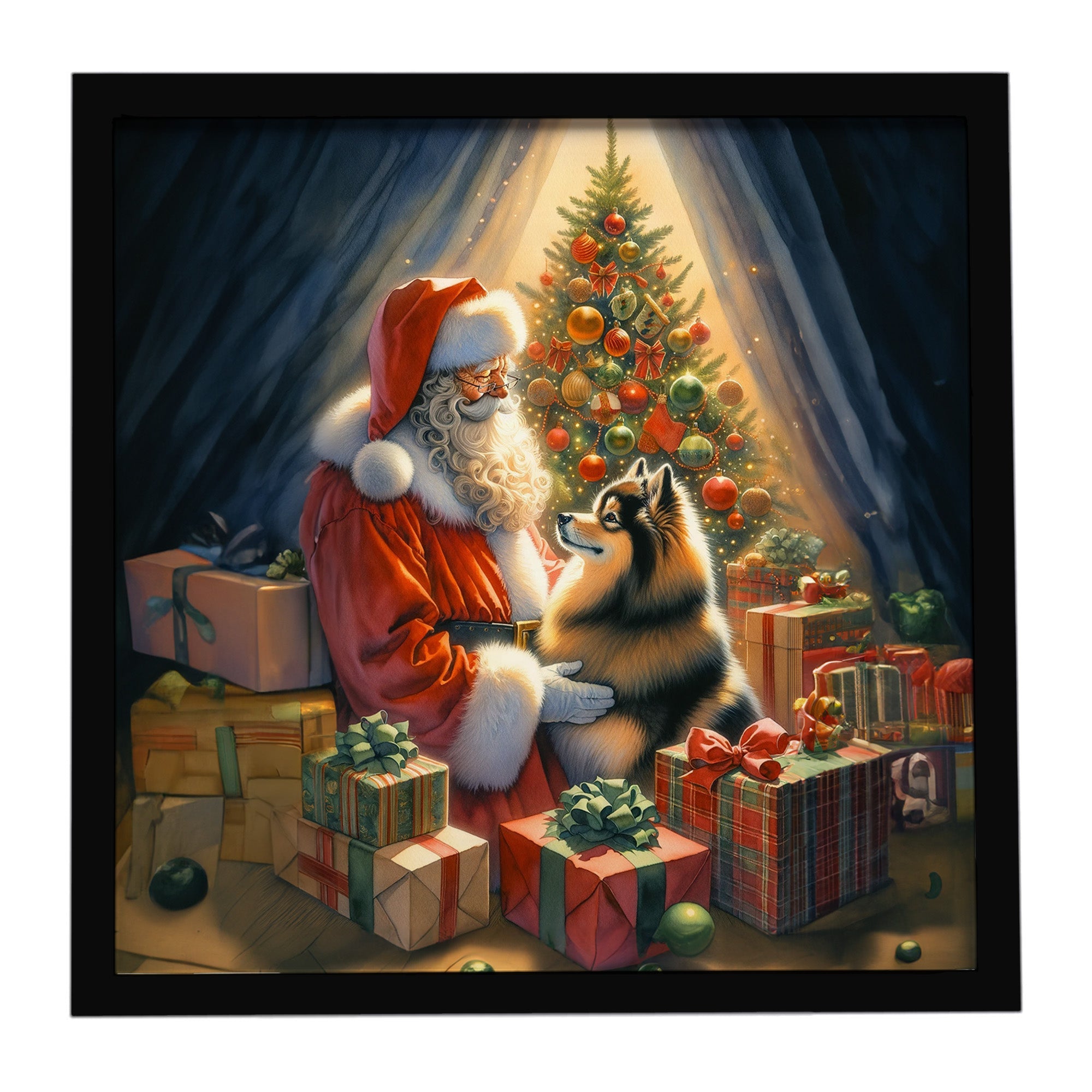 Finnish Spitz and Santa Claus Framed Metal Print Bathroom, Kitchen, Office, Home Decor Wall Art Ready to Hang, Square, 8X8