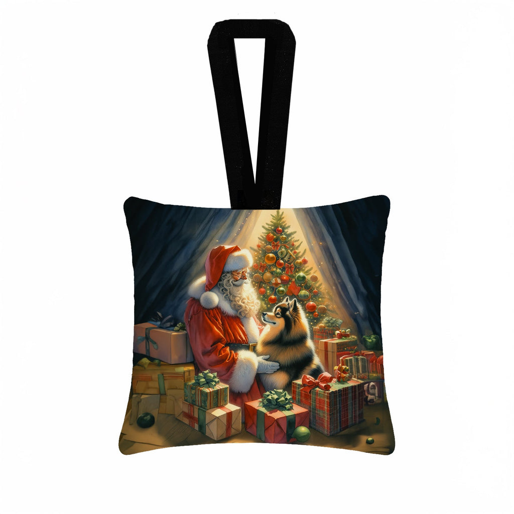 Finnish Spitz and Santa Claus Hanging Square Fabric Ornament 3.5 × 3.5 Decorative Door-Knob & Tree Hanger, Soft Fabric