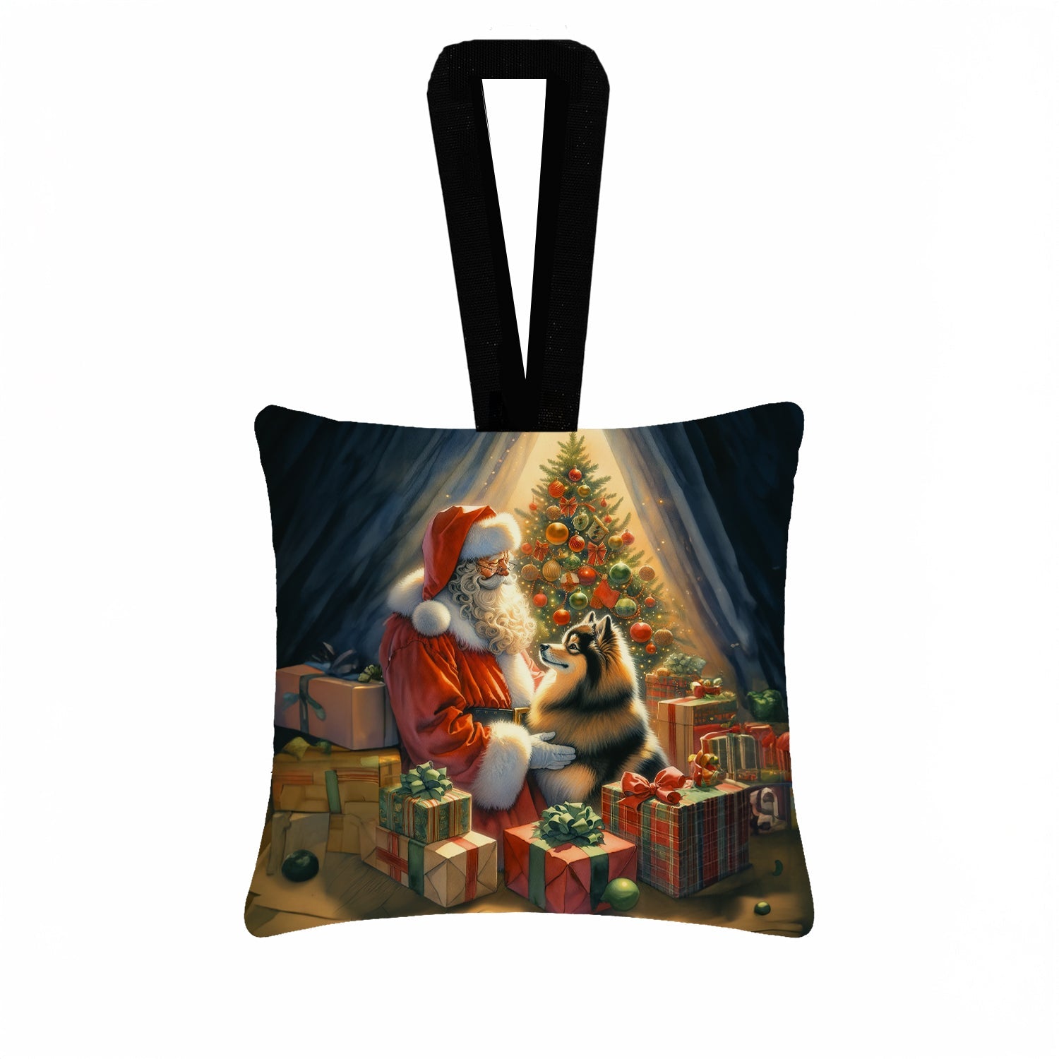 Finnish Spitz and Santa Claus Hanging Square Fabric Ornament 3.5 × 3.5 Decorative Door-Knob & Tree Hanger, Soft Fabric