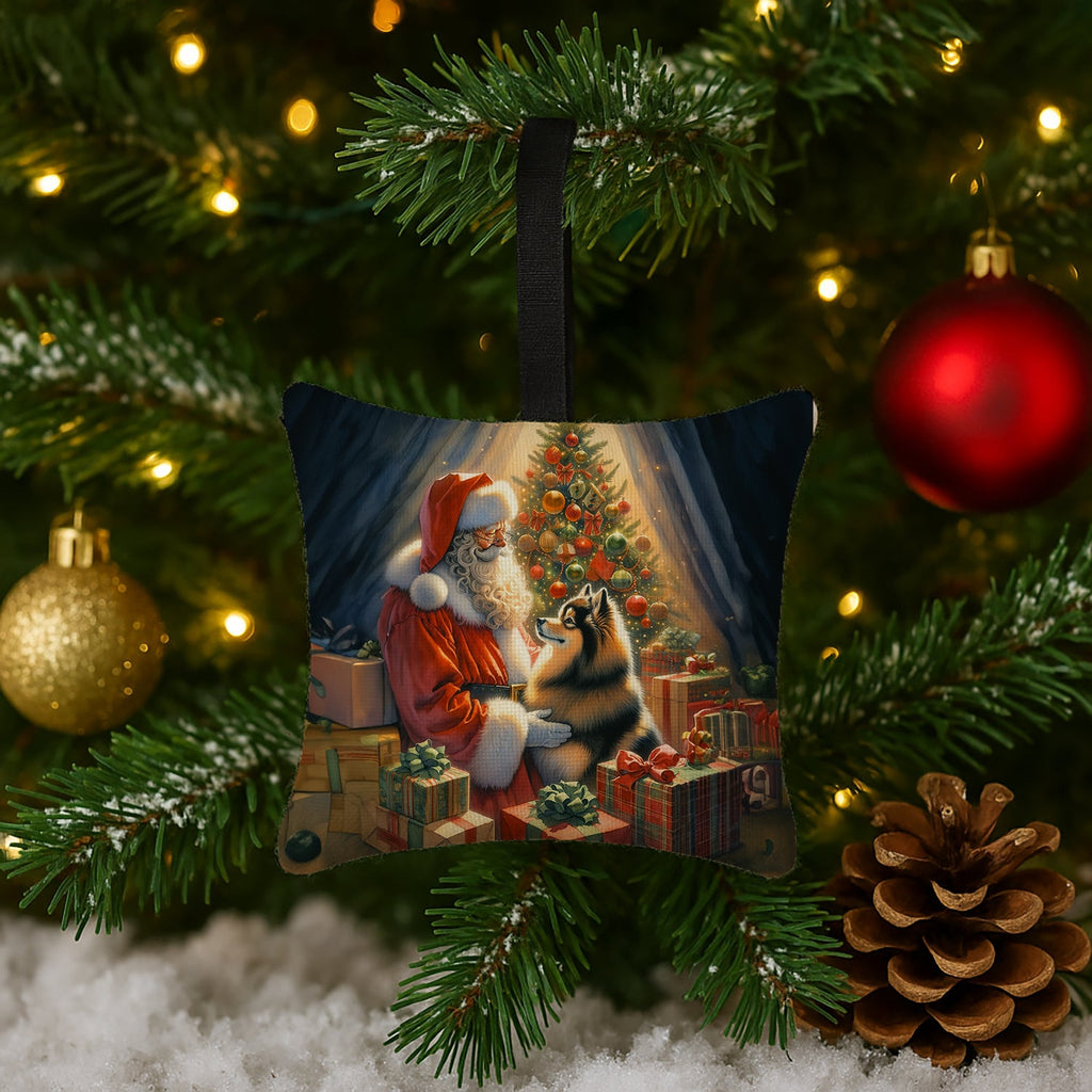 Finnish Spitz and Santa Claus Hanging Square Fabric Ornament 3.5 × 3.5 Decorative Door-Knob & Tree Hanger, Soft Fabric
