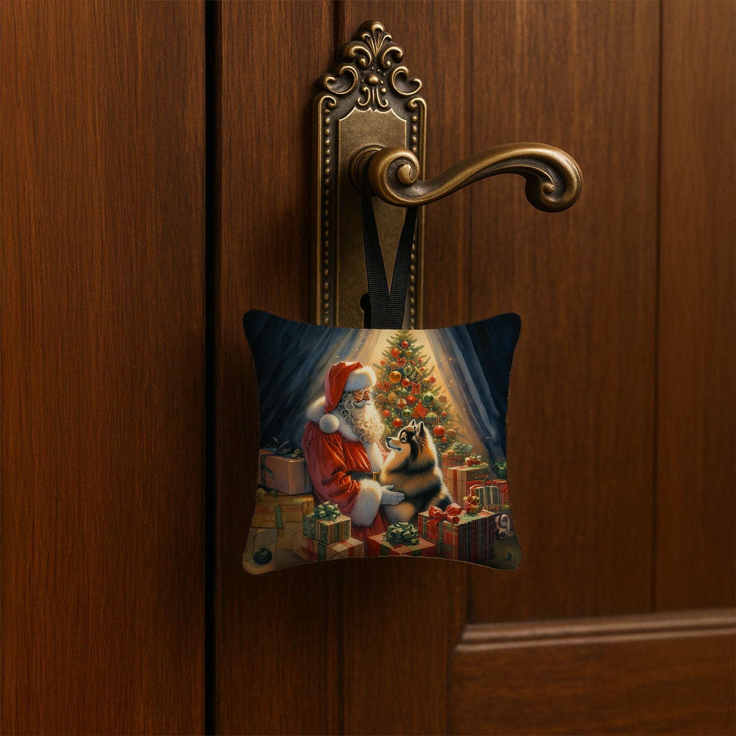 Finnish Spitz and Santa Claus Hanging Square Fabric Ornament 3.5 × 3.5 Decorative Door-Knob & Tree Hanger, Soft Fabric