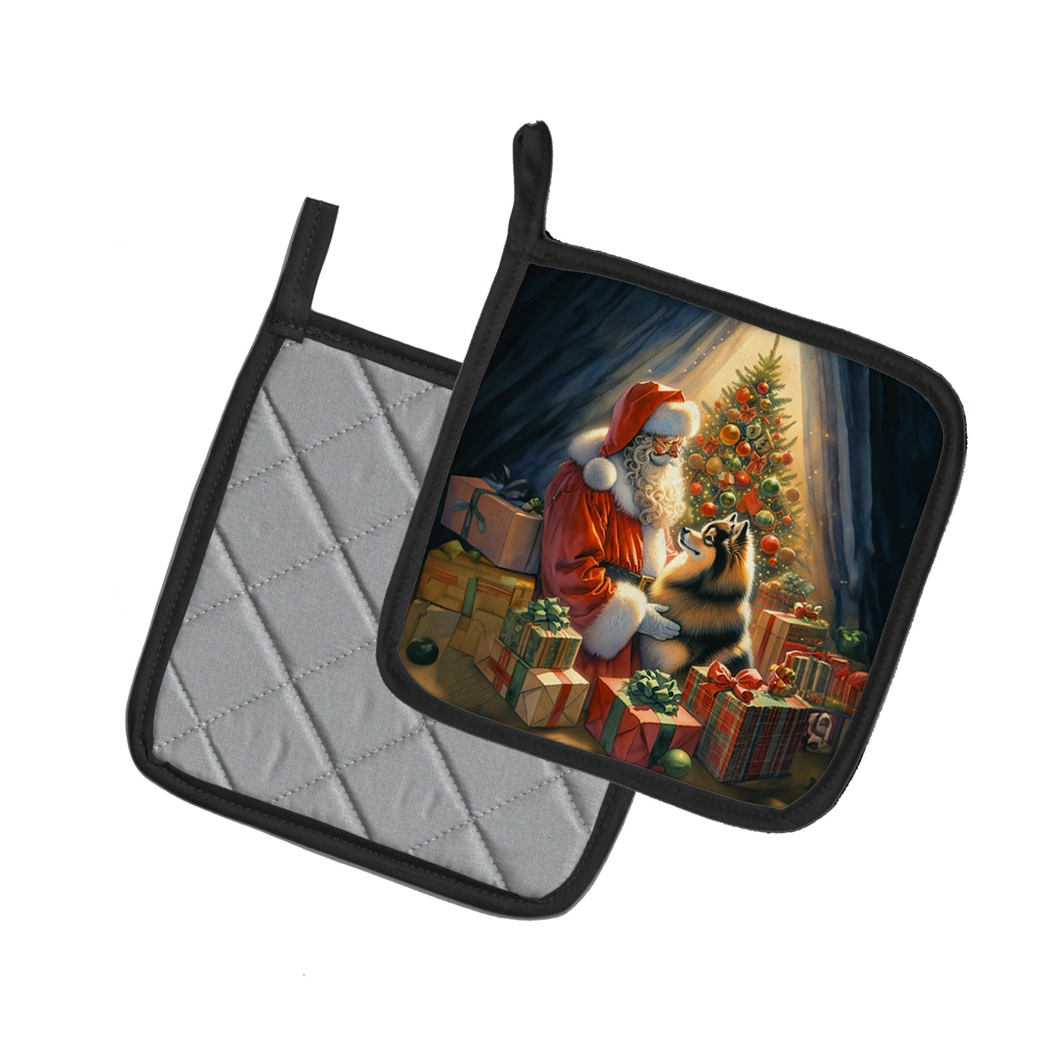 Finnish Spitz and Santa Claus Pot Holder Set of 2 Heat Resistant Quilted Hot Pads 7.5 x 7.5 Inch, Insulated Kitchen Trivets for Cooking & Baking