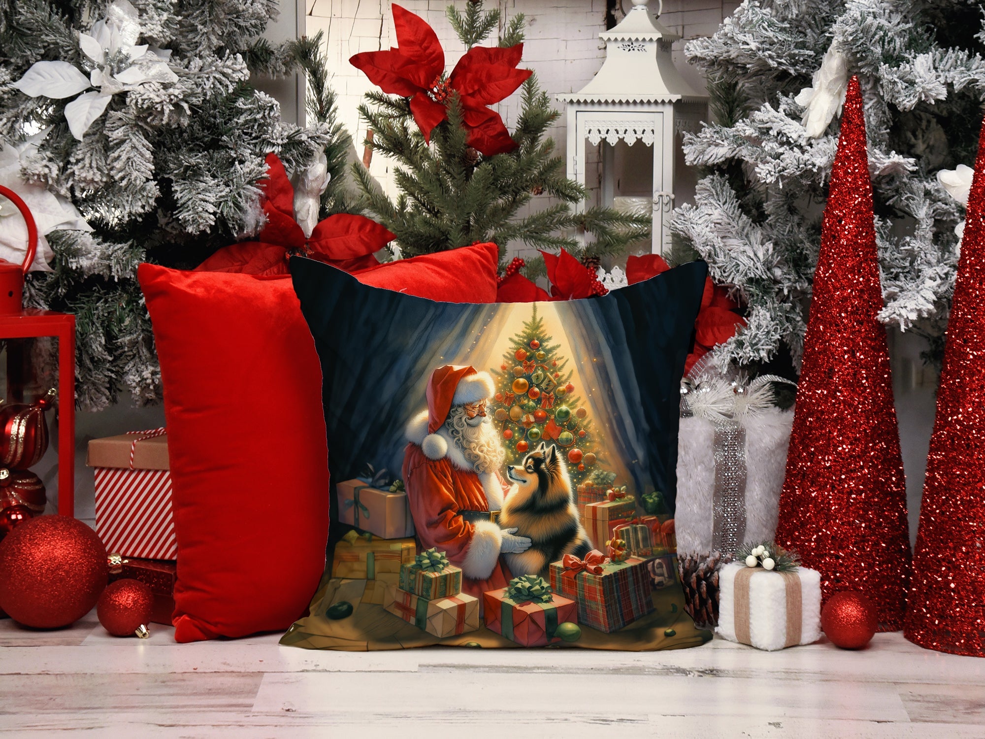 Finnish Spitz and Santa Claus Decorative Throw Pillow 14x14 Indoor Outdoor Accent Cushion, Fabric Cover with Insert for Sofa, Bed, Porch & Living Room