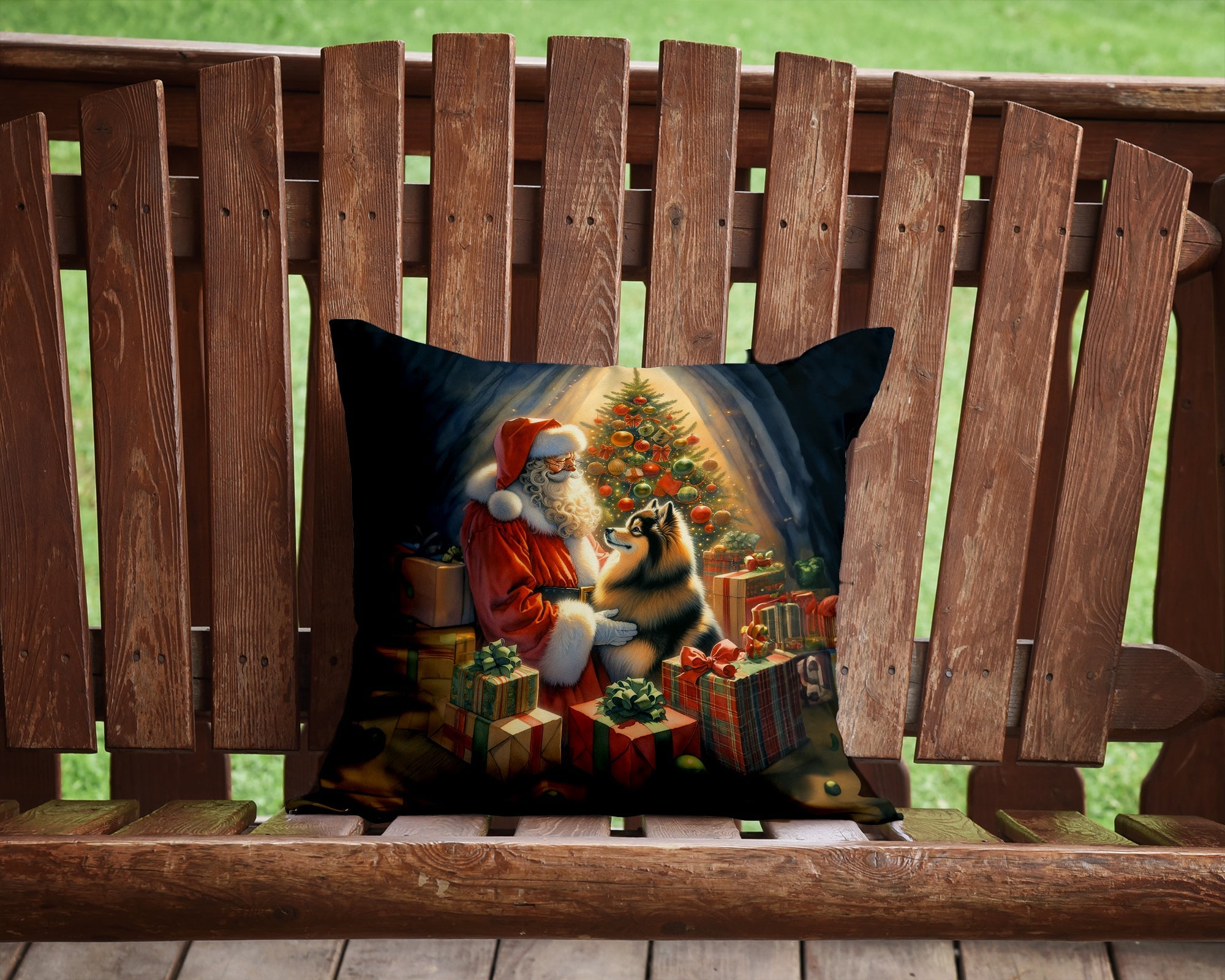 Finnish Spitz and Santa Claus Decorative Throw Pillow 14x14 Indoor Outdoor Accent Cushion, Fabric Cover with Insert for Sofa, Bed, Porch & Living Room