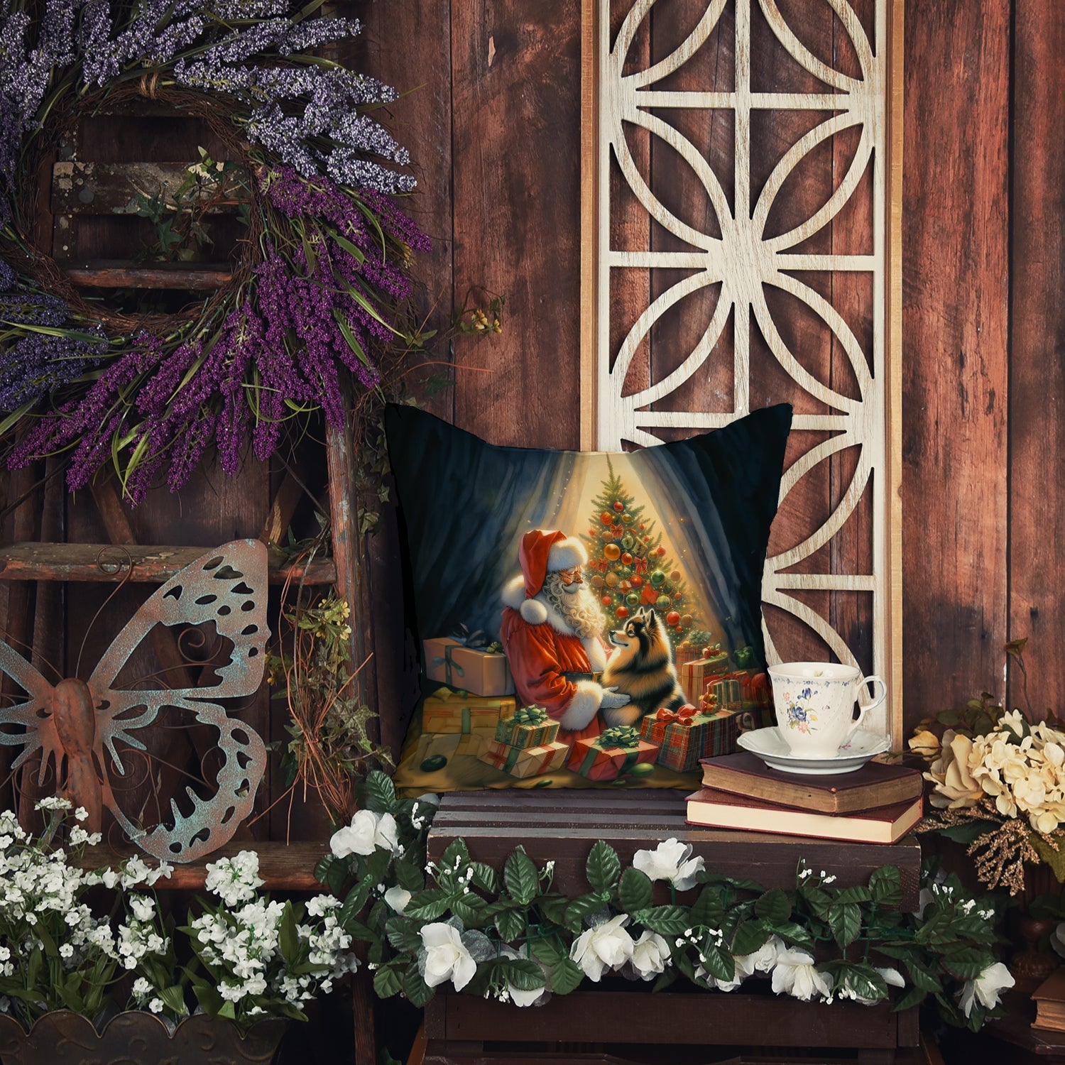 Finnish Spitz and Santa Claus Decorative Throw Pillow 18x18 Indoor Outdoor Accent Cushion, Fabric Cover with Insert for Sofa, Bed, Porch & Living Room
