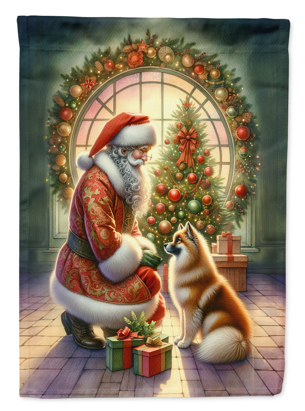 Finnish Spitz and Santa Claus House Flag 28x40 Porch Sleeve Pole Decorative Outside Yard Banner Artwork Wall Hanging, Polyester