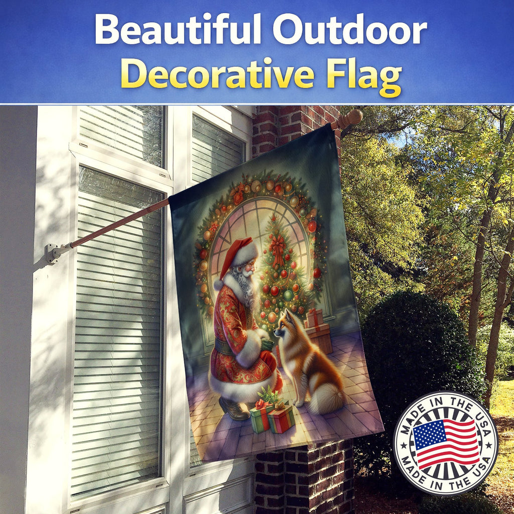 Finnish Spitz and Santa Claus House Flag 28x40 Porch Sleeve Pole Decorative Outside Yard Banner Artwork Wall Hanging, Polyester