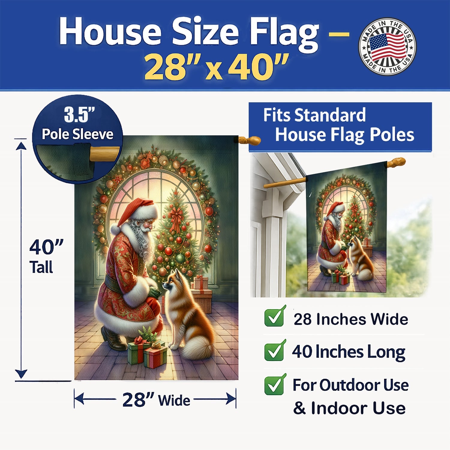 Finnish Spitz and Santa Claus House Flag 28x40 Porch Sleeve Pole Decorative Outside Yard Banner Artwork Wall Hanging, Polyester