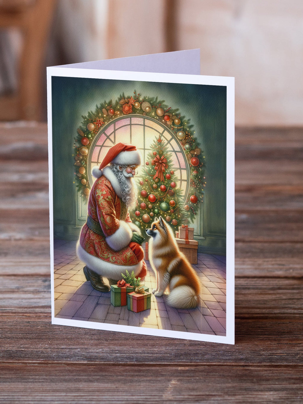 Finnish Spitz and Santa Claus Greeting Cards Pack of 8 Blank Cards with Envelopes Whimsical A7 Size 5x7