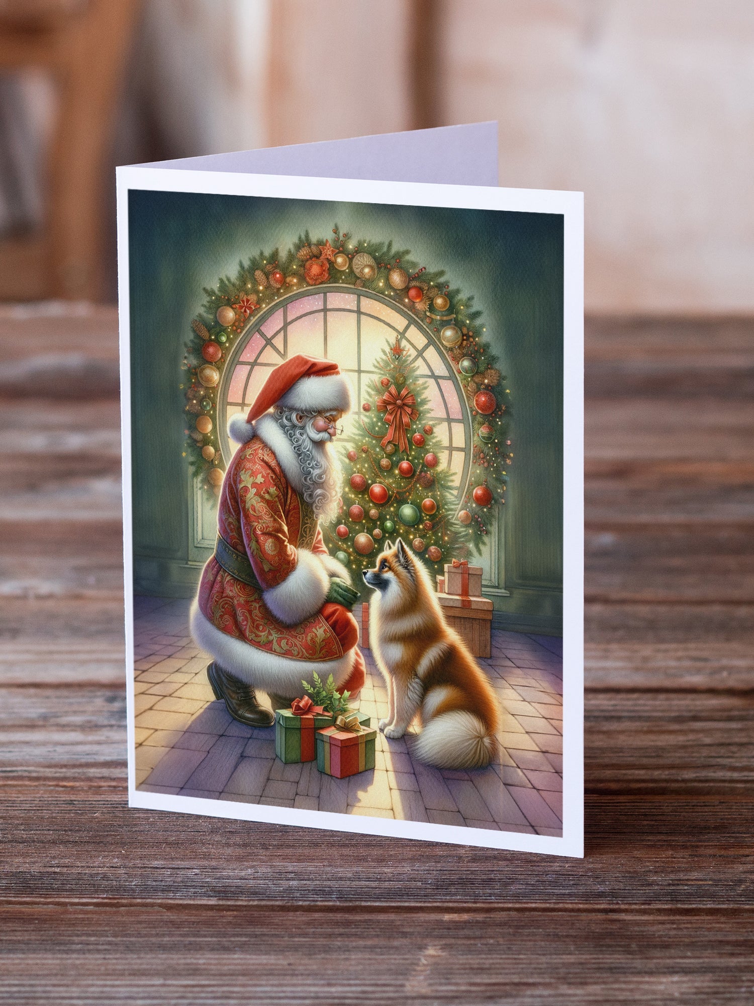 Finnish Spitz and Santa Claus Greeting Cards Pack of 8 Blank Cards with Envelopes Whimsical A7 Size 5x7