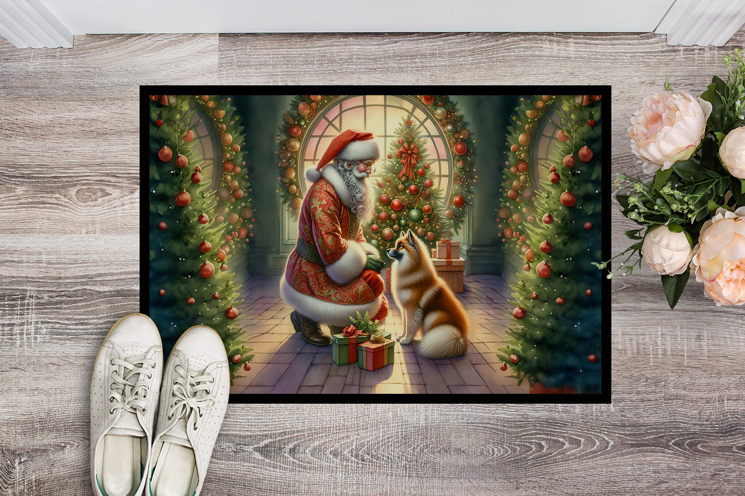 Finnish Spitz and Santa Claus Doormat Indoor Outdoor 24H X 36W Front Door Mat Rugs for Entryway, Non Slip Washable Low Pile,