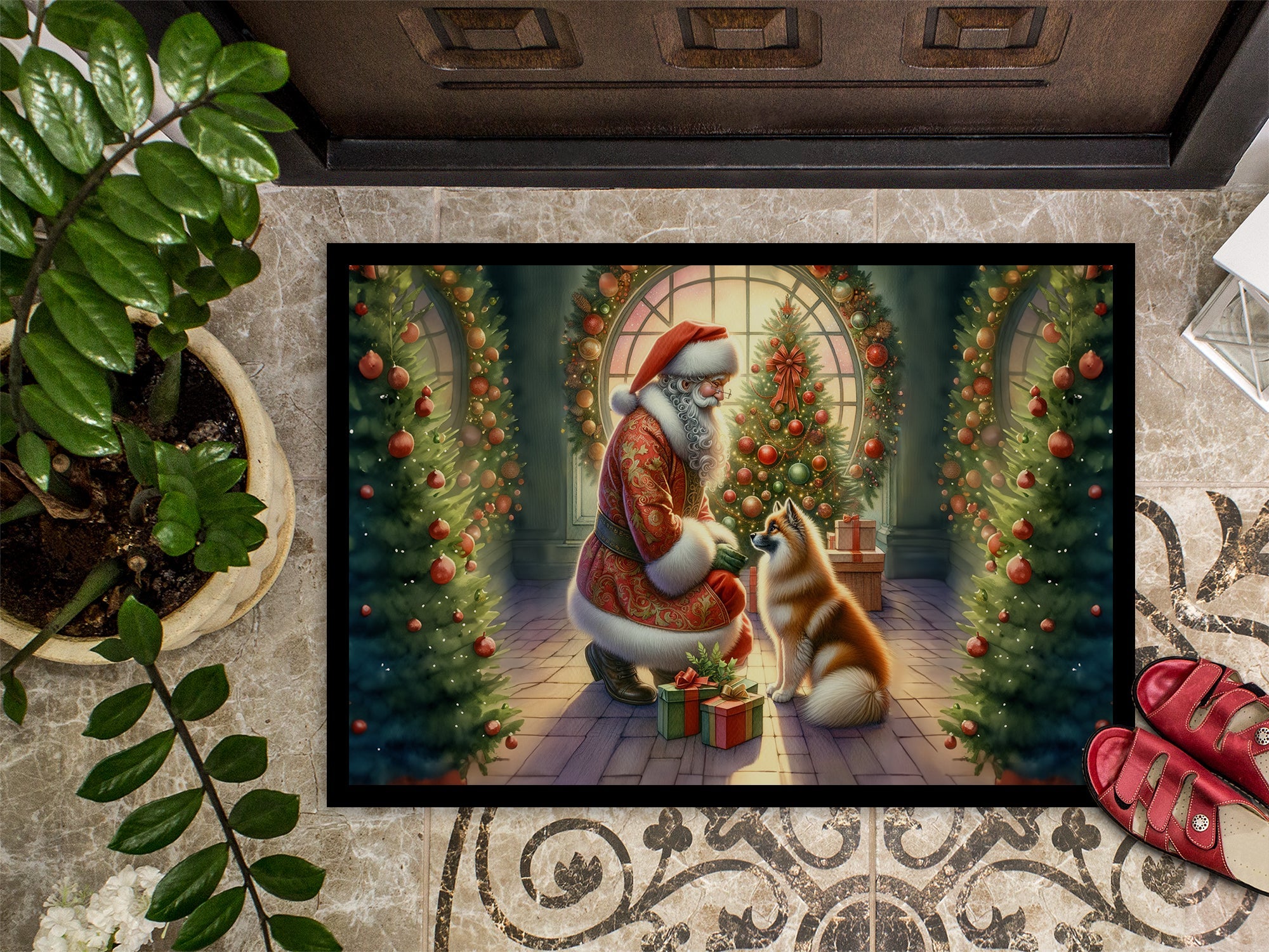 Finnish Spitz and Santa Claus Doormat Indoor Outdoor 24H X 36W Front Door Mat Rugs for Entryway, Non Slip Washable Low Pile,
