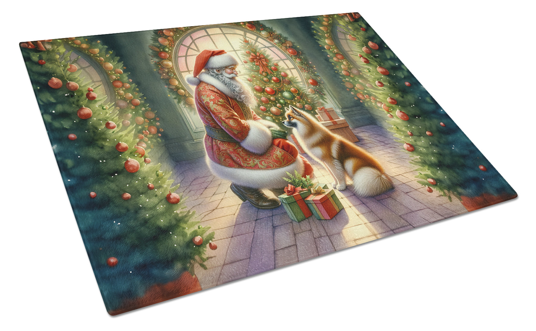 Finnish Spitz and Santa Claus Cutting Board Tempered Glass Kitchen Cutting Surface, Heat Resistant Chopping, Non-Slip Feet, Food Prep & Serving