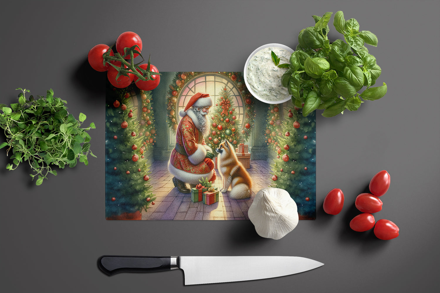 Finnish Spitz and Santa Claus Cutting Board Tempered Glass Kitchen Cutting Surface, Heat Resistant Chopping, Non-Slip Feet, Food Prep & Serving