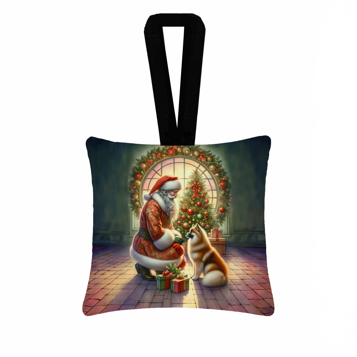 Finnish Spitz and Santa Claus Hanging Square Fabric Ornament 3.5 × 3.5 Decorative Door-Knob & Tree Hanger, Soft Fabric