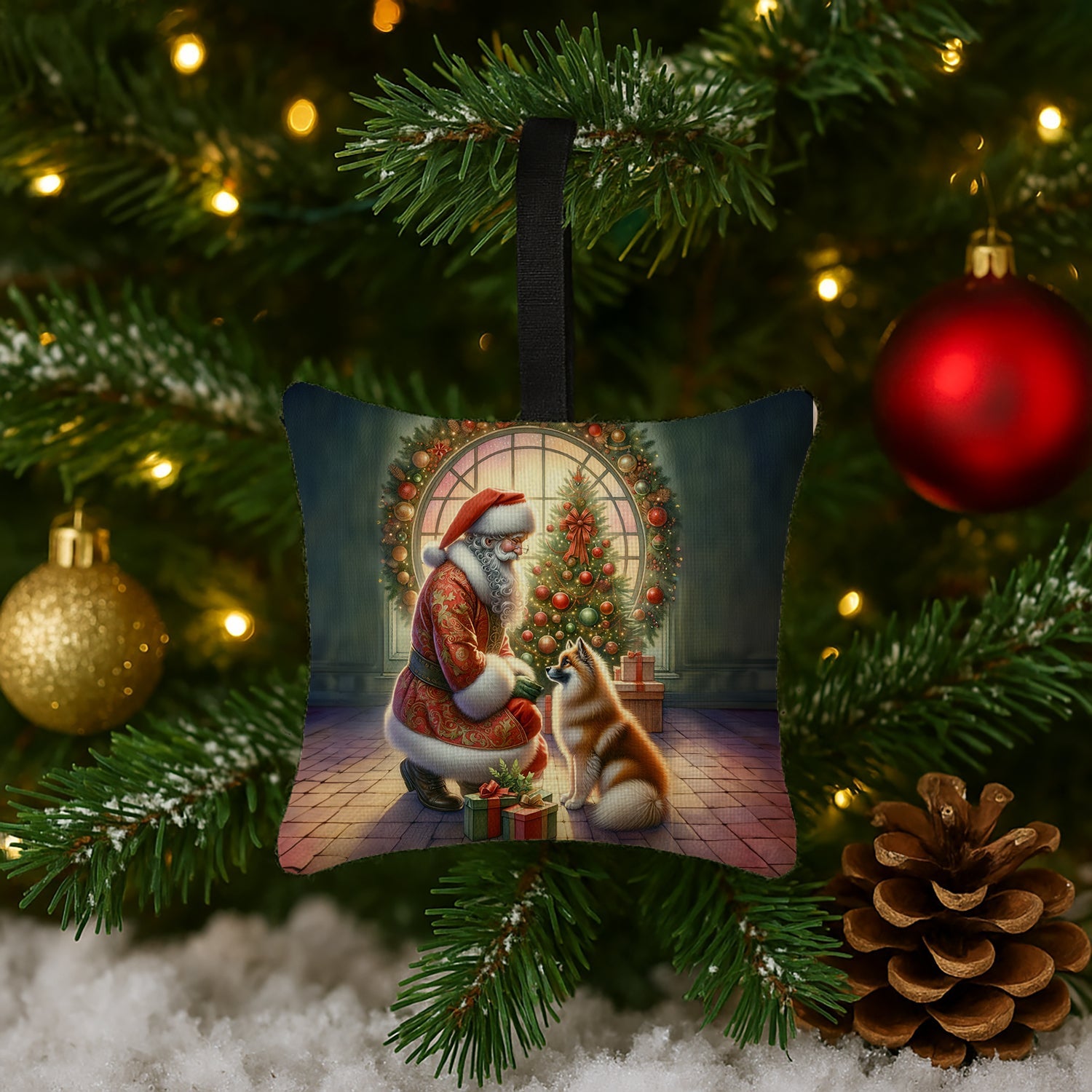 Finnish Spitz and Santa Claus Hanging Square Fabric Ornament 3.5 × 3.5 Decorative Door-Knob & Tree Hanger, Soft Fabric