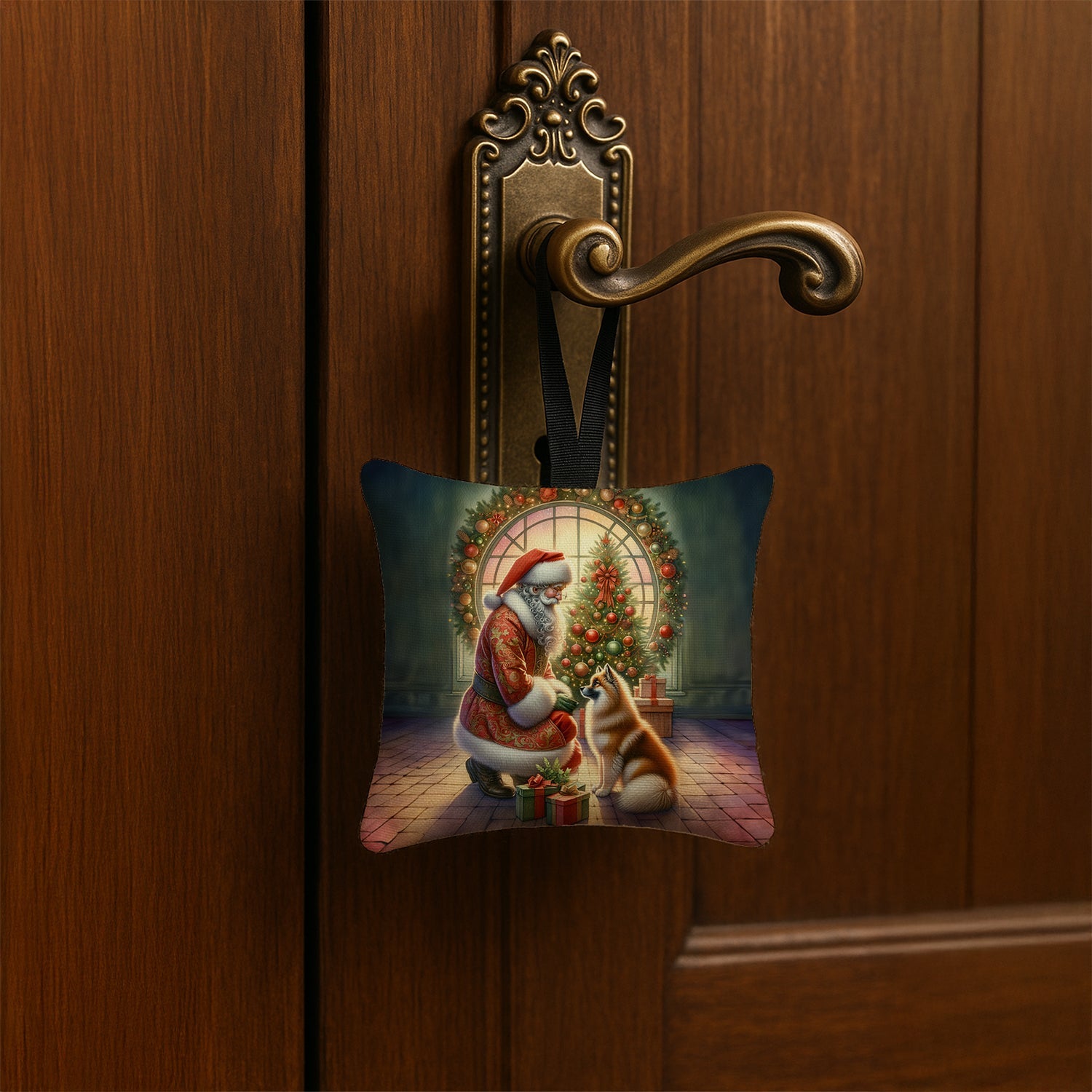 Finnish Spitz and Santa Claus Hanging Square Fabric Ornament 3.5 × 3.5 Decorative Door-Knob & Tree Hanger, Soft Fabric