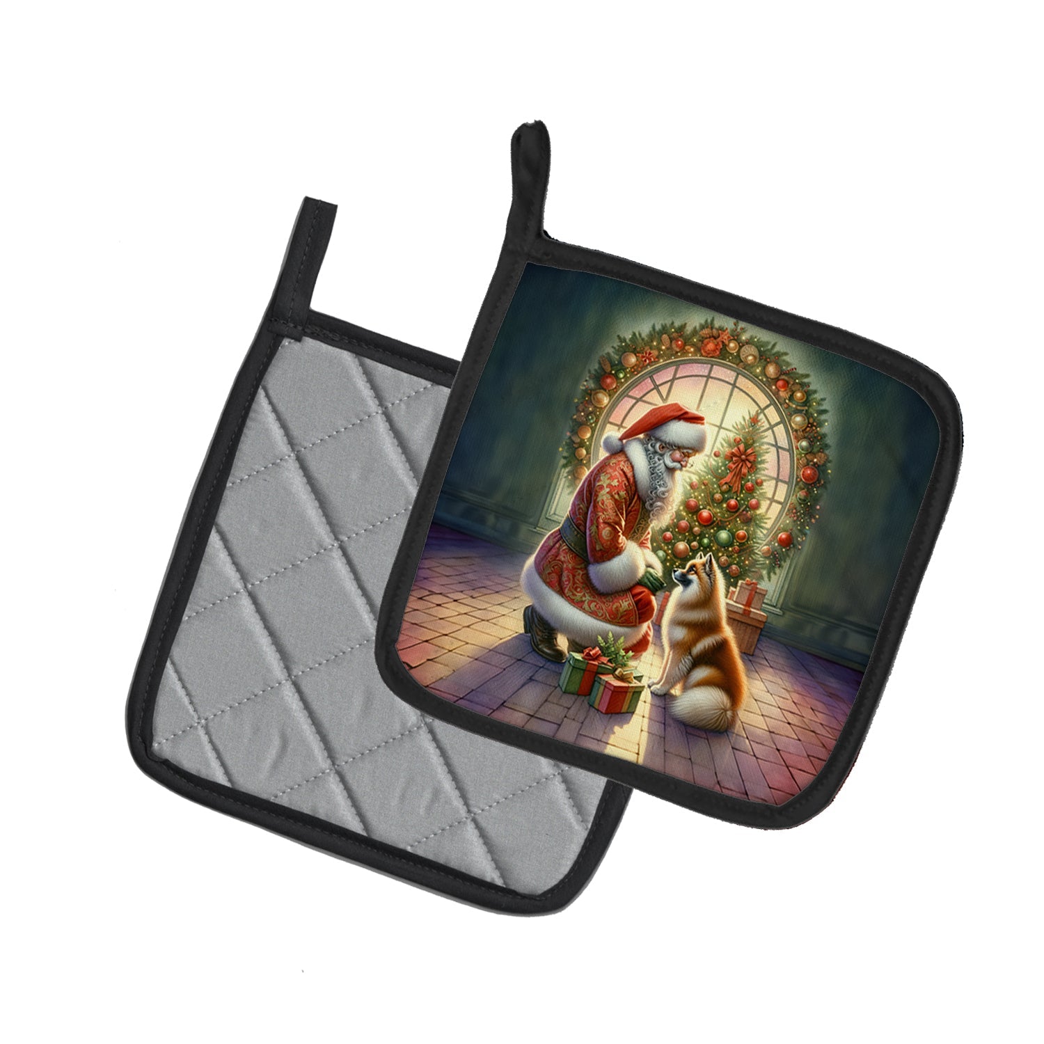 Finnish Spitz and Santa Claus Pot Holder Set of 2 Heat Resistant Quilted Hot Pads 7.5 x 7.5 Inch, Insulated Kitchen Trivets for Cooking & Baking