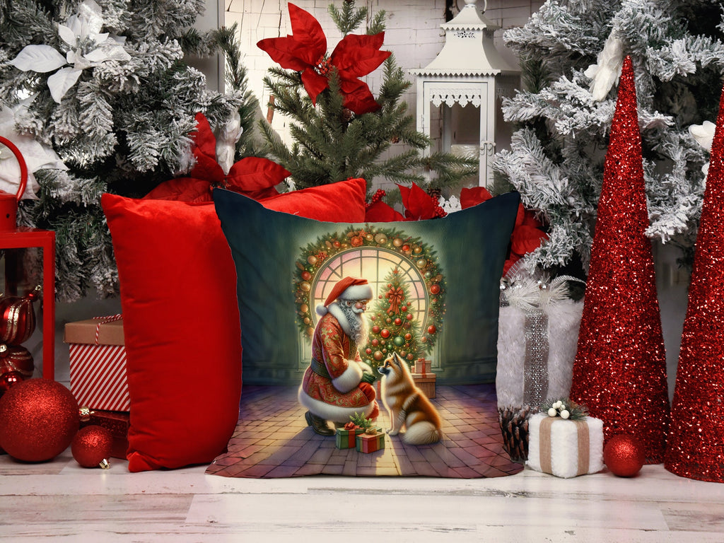 Finnish Spitz and Santa Claus Decorative Throw Pillow 14x14 Indoor Outdoor Accent Cushion, Fabric Cover with Insert for Sofa, Bed, Porch & Living Room