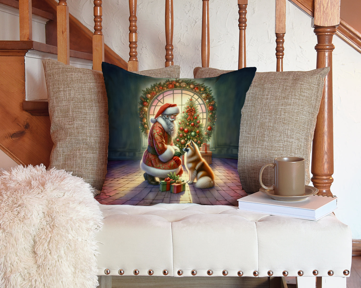 Finnish Spitz and Santa Claus Decorative Throw Pillow 14x14 Indoor Outdoor Accent Cushion, Fabric Cover with Insert for Sofa, Bed, Porch & Living Room