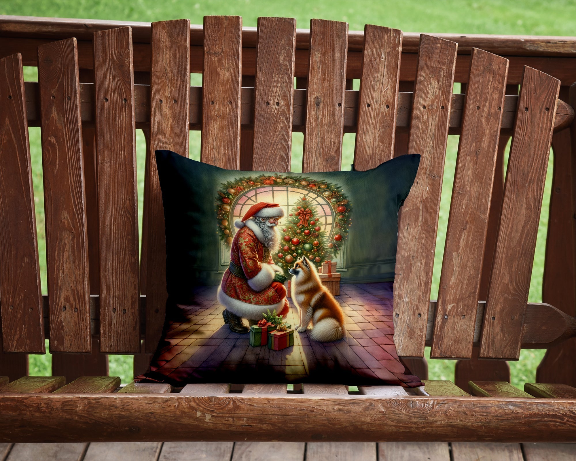 Finnish Spitz and Santa Claus Decorative Throw Pillow 14x14 Indoor Outdoor Accent Cushion, Fabric Cover with Insert for Sofa, Bed, Porch & Living Room