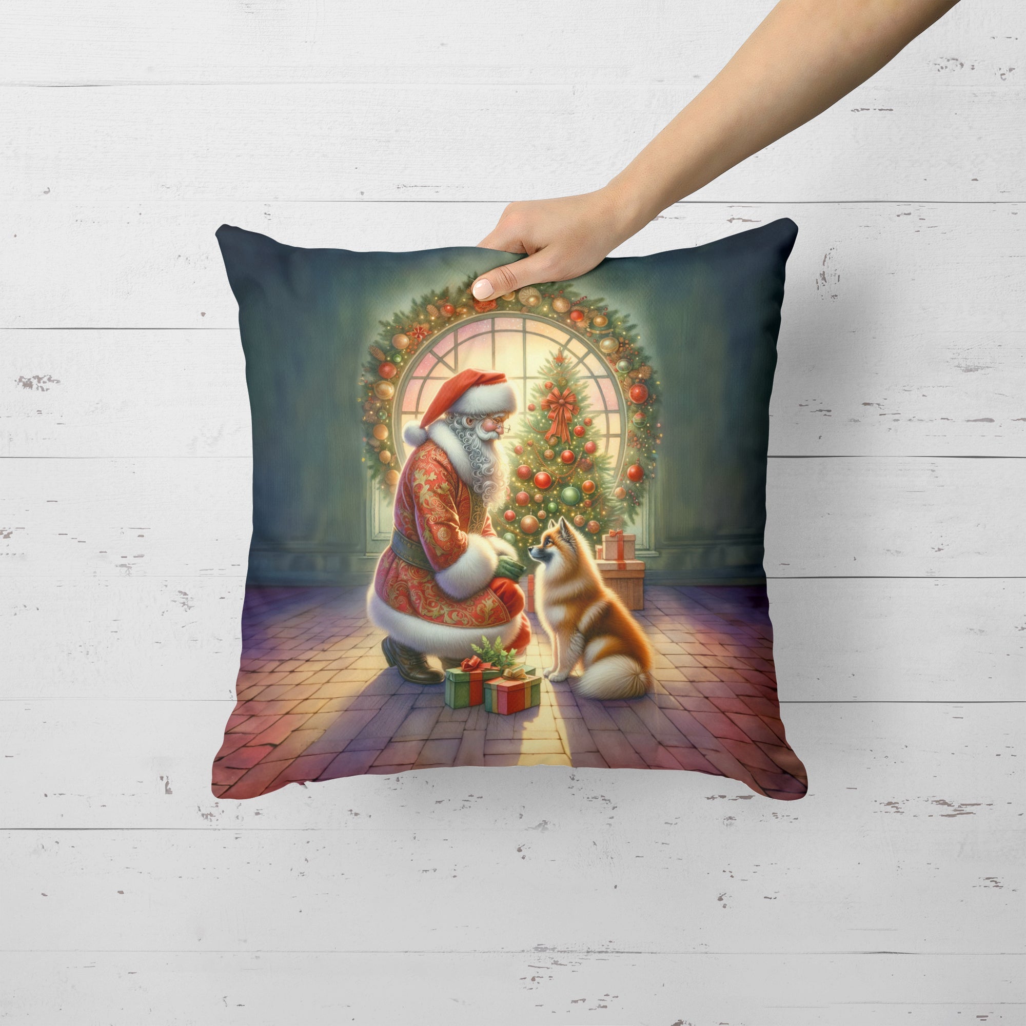 Finnish Spitz and Santa Claus Decorative Throw Pillow 18x18 Indoor Outdoor Accent Cushion, Fabric Cover with Insert for Sofa, Bed, Porch & Living Room