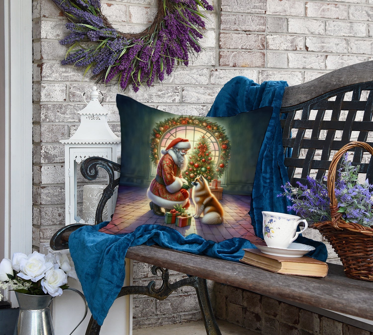 Finnish Spitz and Santa Claus Decorative Throw Pillow 18x18 Indoor Outdoor Accent Cushion, Fabric Cover with Insert for Sofa, Bed, Porch & Living Room