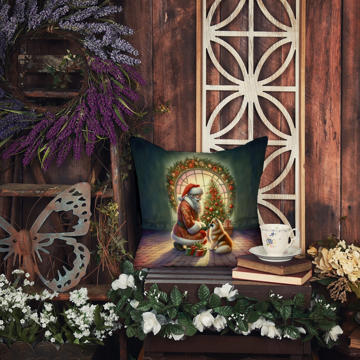 Finnish Spitz and Santa Claus Decorative Throw Pillow 18x18 Indoor Outdoor Accent Cushion, Fabric Cover with Insert for Sofa, Bed, Porch & Living Room