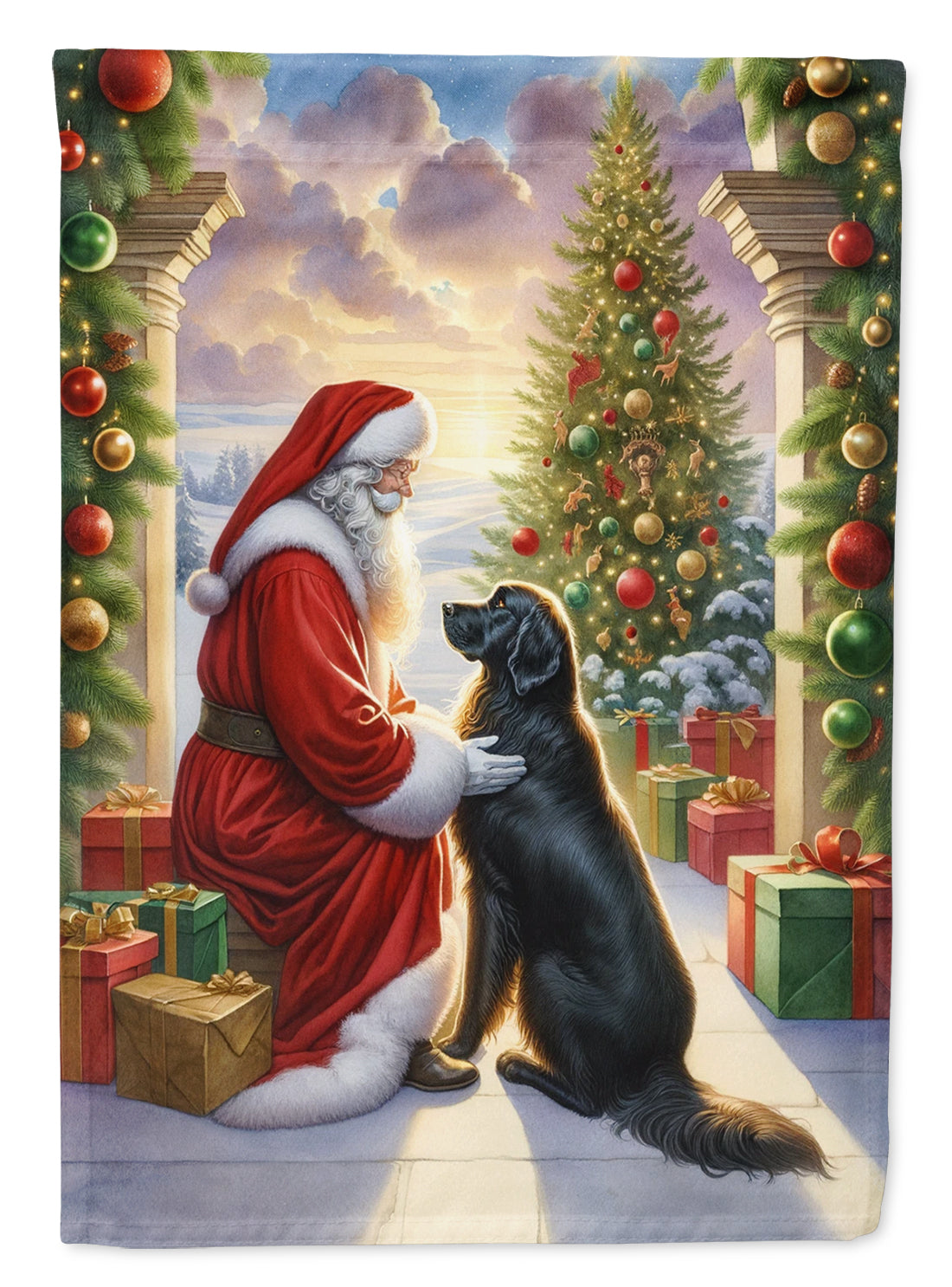 Flat-Coated Retriever and Santa Claus House Flag 28x40 Porch Sleeve Pole Decorative Outside Yard Banner Artwork Wall Hanging, Polyester
