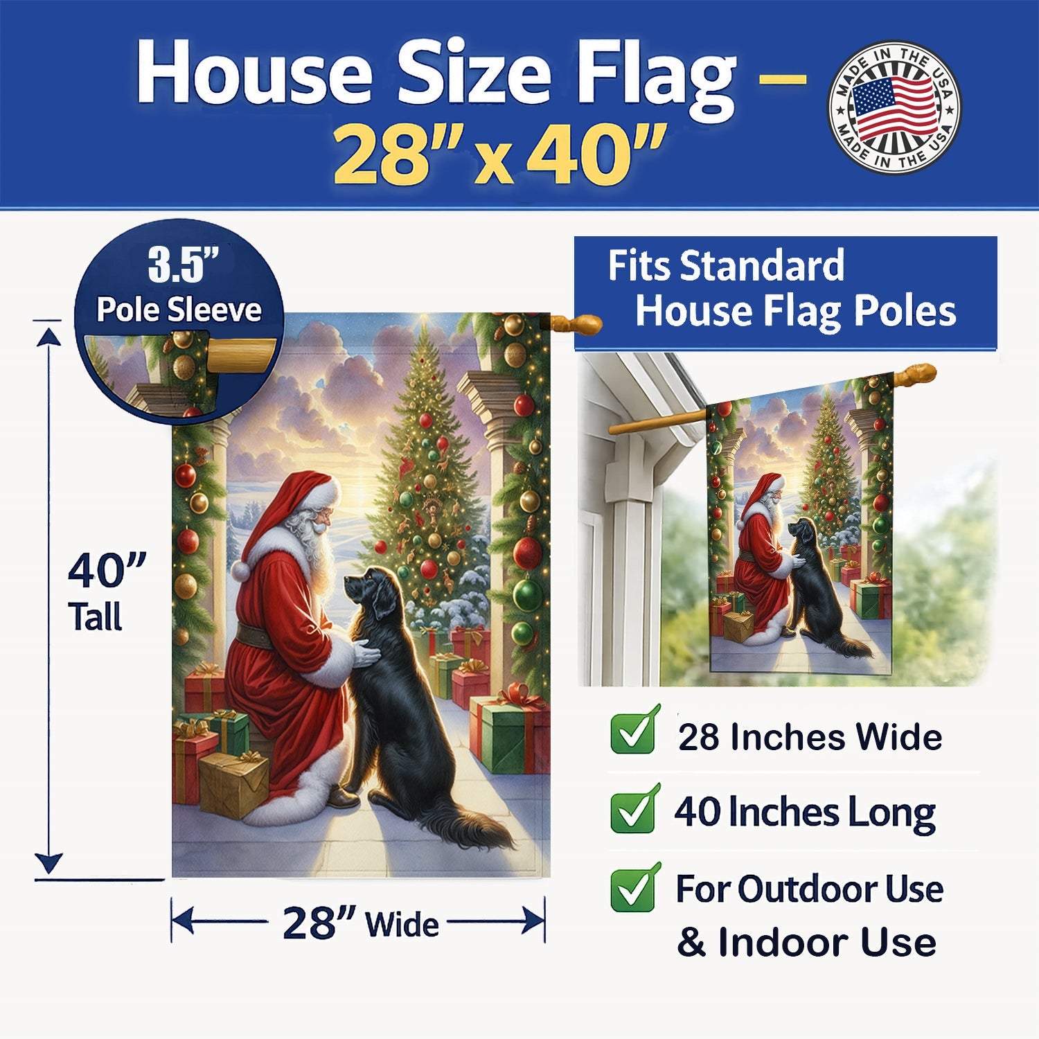 Flat-Coated Retriever and Santa Claus House Flag 28x40 Porch Sleeve Pole Decorative Outside Yard Banner Artwork Wall Hanging, Polyester