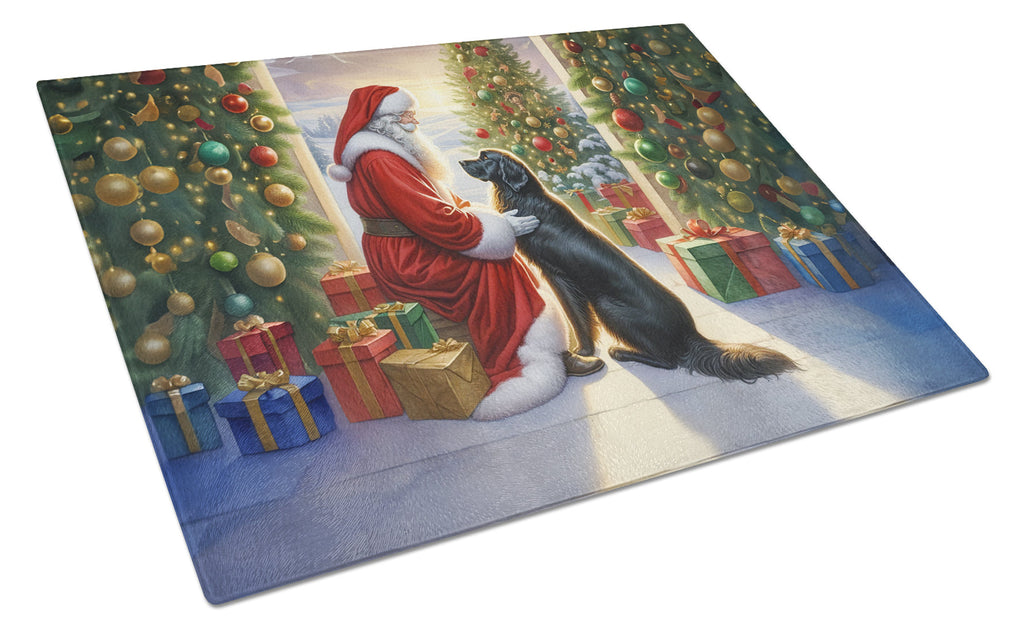 Flat-Coated Retriever and Santa Claus Cutting Board Tempered Glass Kitchen Cutting Surface, Heat Resistant Chopping, Non-Slip Feet, Food Prep & Serving