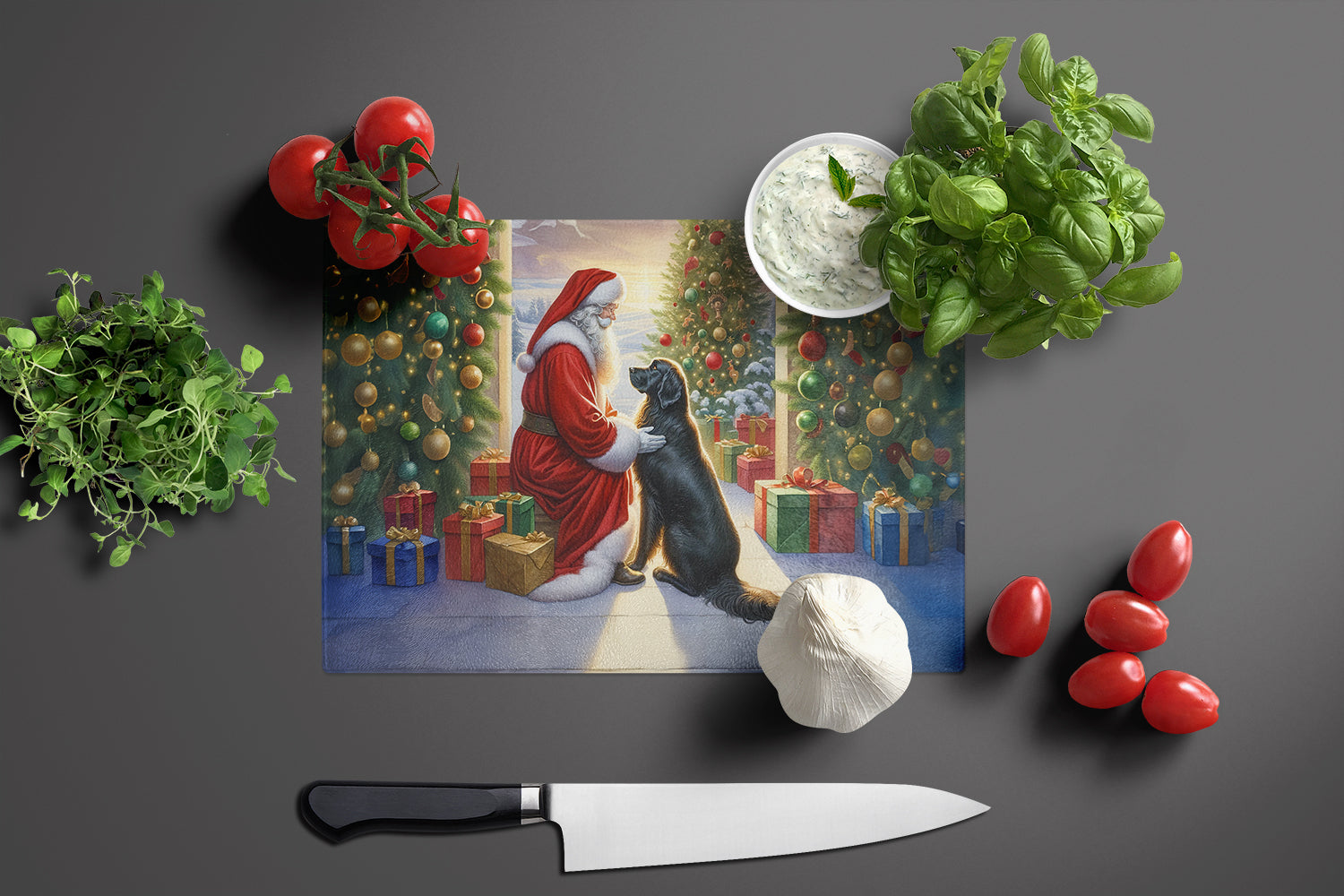 Flat-Coated Retriever and Santa Claus Cutting Board Tempered Glass Kitchen Cutting Surface, Heat Resistant Chopping, Non-Slip Feet, Food Prep & Serving