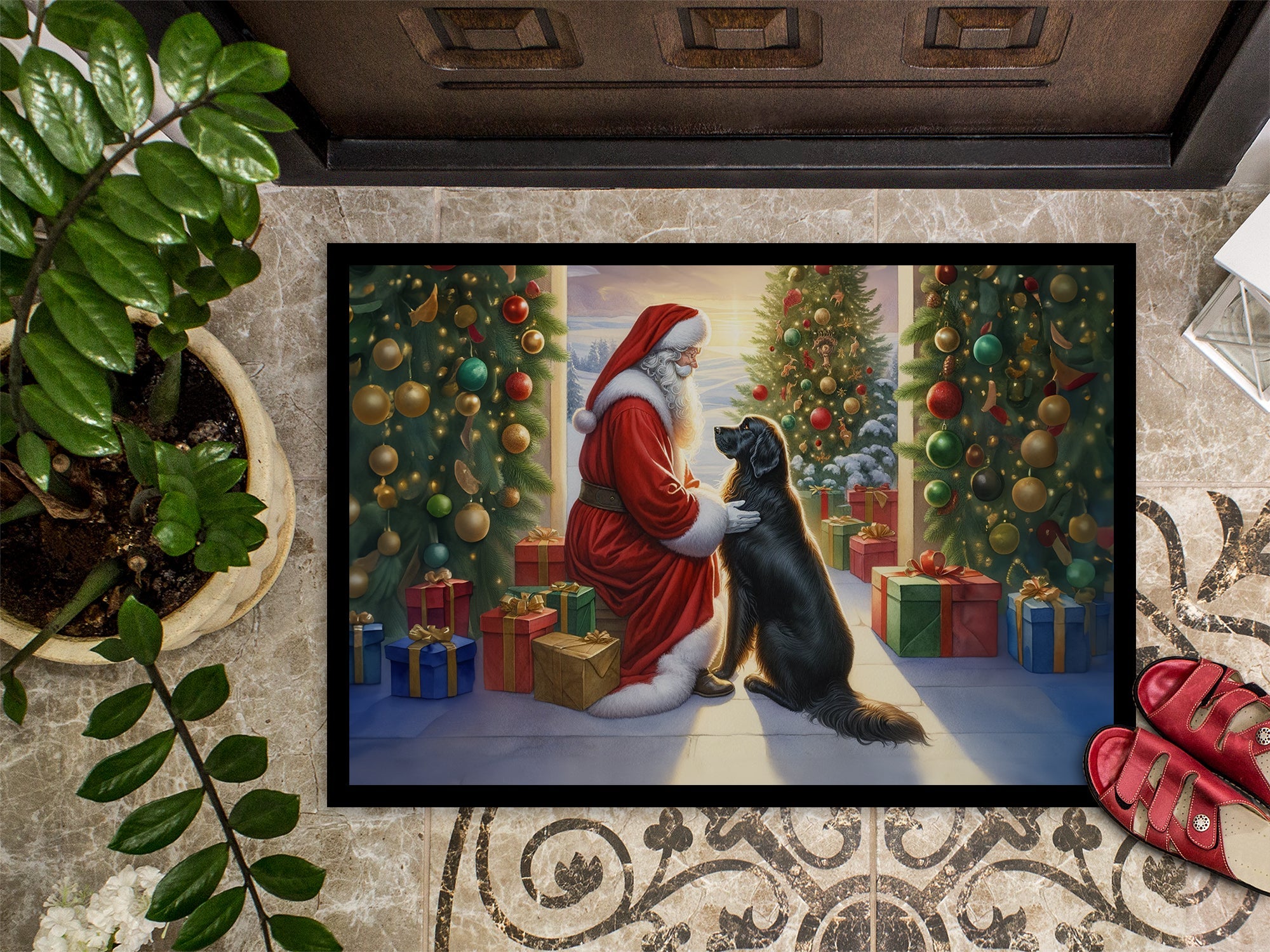 Flat-Coated Retriever and Santa Claus Doormat Indoor Outdoor 18H X 27W Front Door Mat Rugs for Entryway, Non Slip Washable