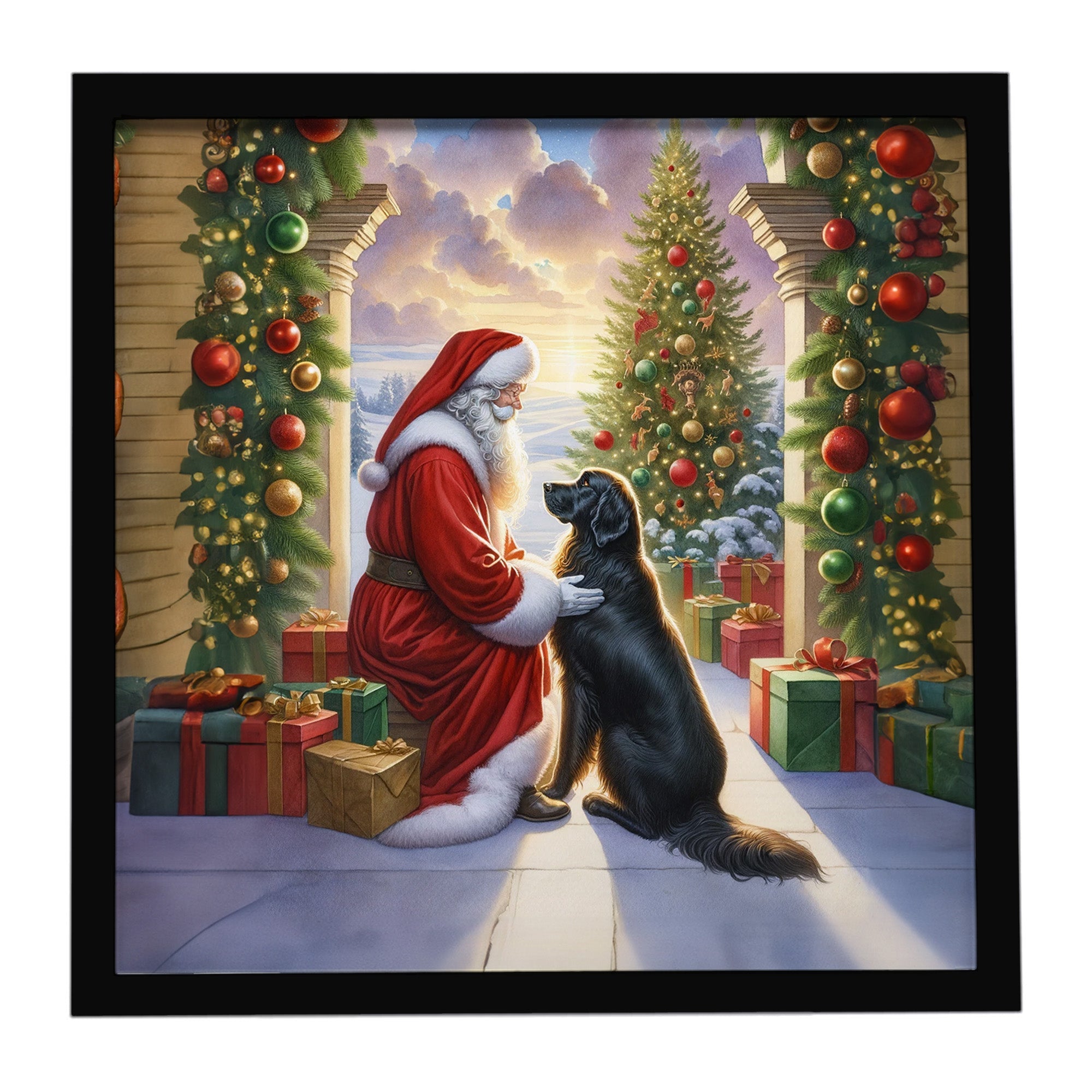 Flat-Coated Retriever and Santa Claus Framed Metal Print Bathroom, Kitchen, Office, Home Decor Wall Art Ready to Hang, Square, 8X8