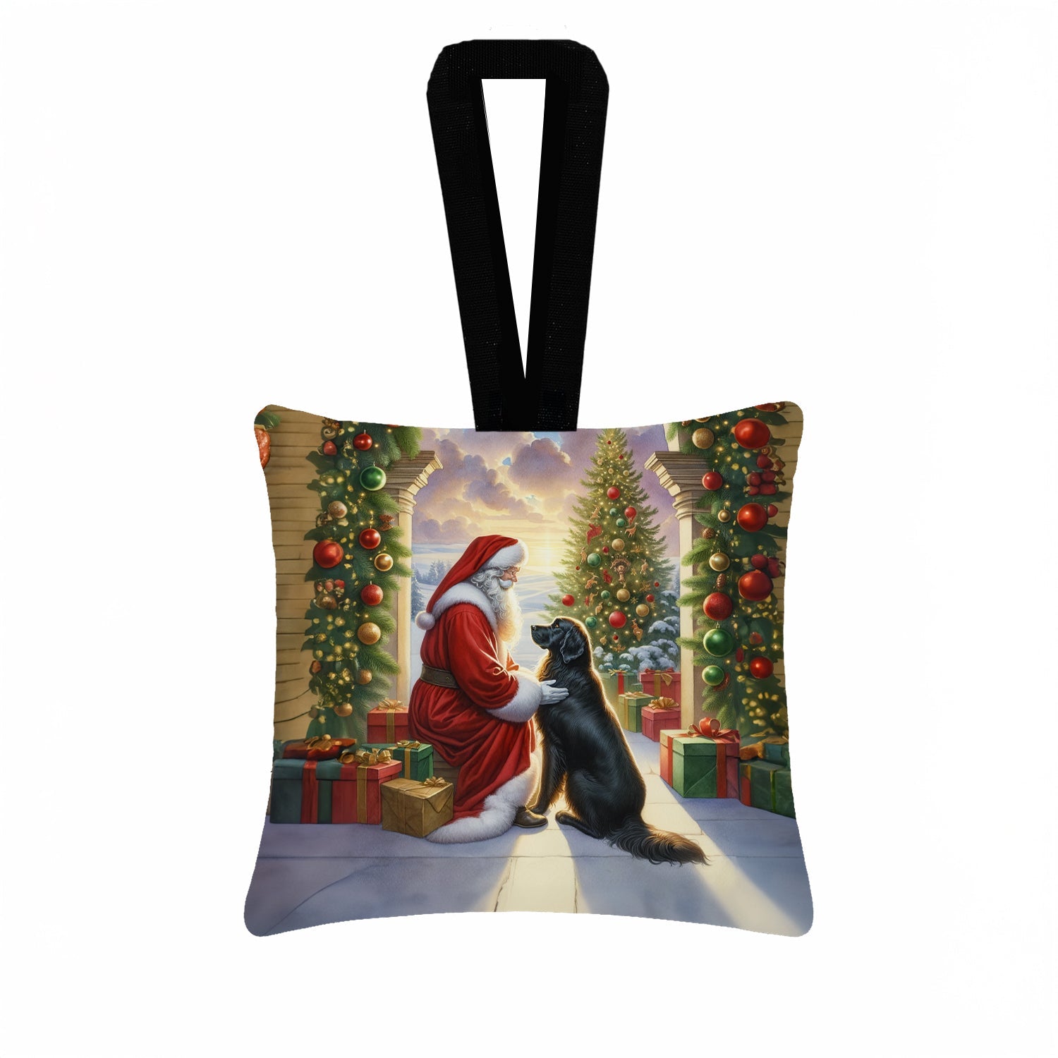 Flat-Coated Retriever and Santa Claus Hanging Square Fabric Ornament 3.5 × 3.5 Decorative Door-Knob & Tree Hanger, Soft Fabric