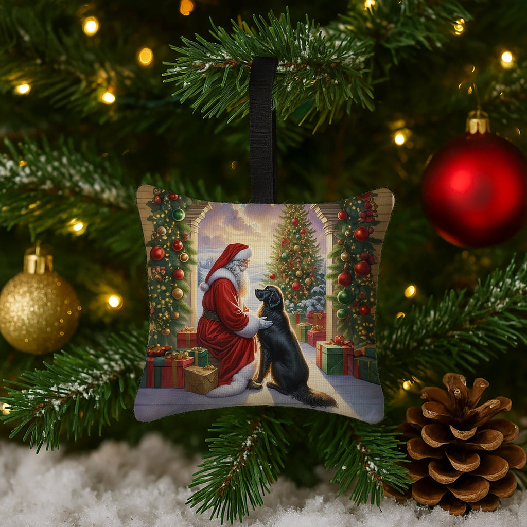 Flat-Coated Retriever and Santa Claus Hanging Square Fabric Ornament 3.5 × 3.5 Decorative Door-Knob & Tree Hanger, Soft Fabric
