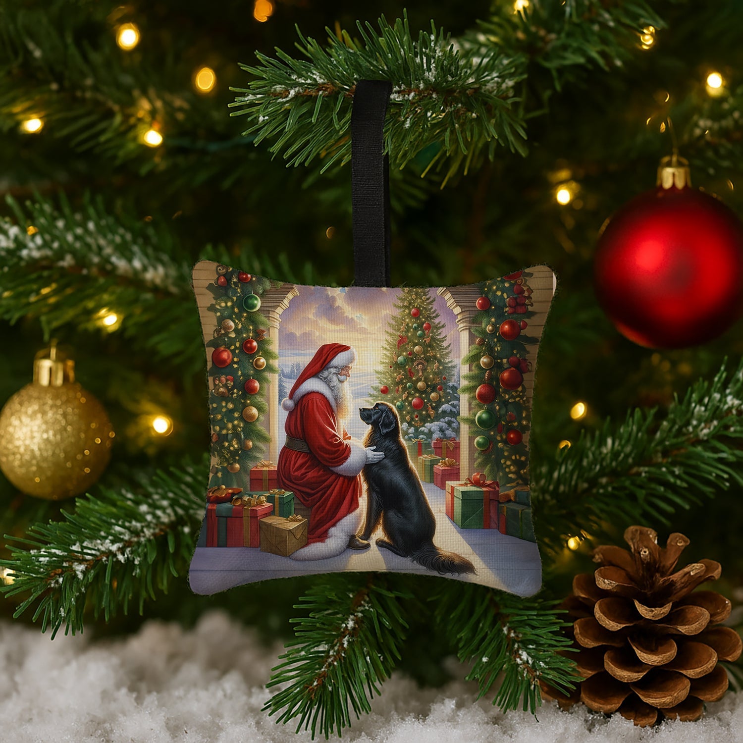 Flat-Coated Retriever and Santa Claus Hanging Square Fabric Ornament 3.5 × 3.5 Decorative Door-Knob & Tree Hanger, Soft Fabric