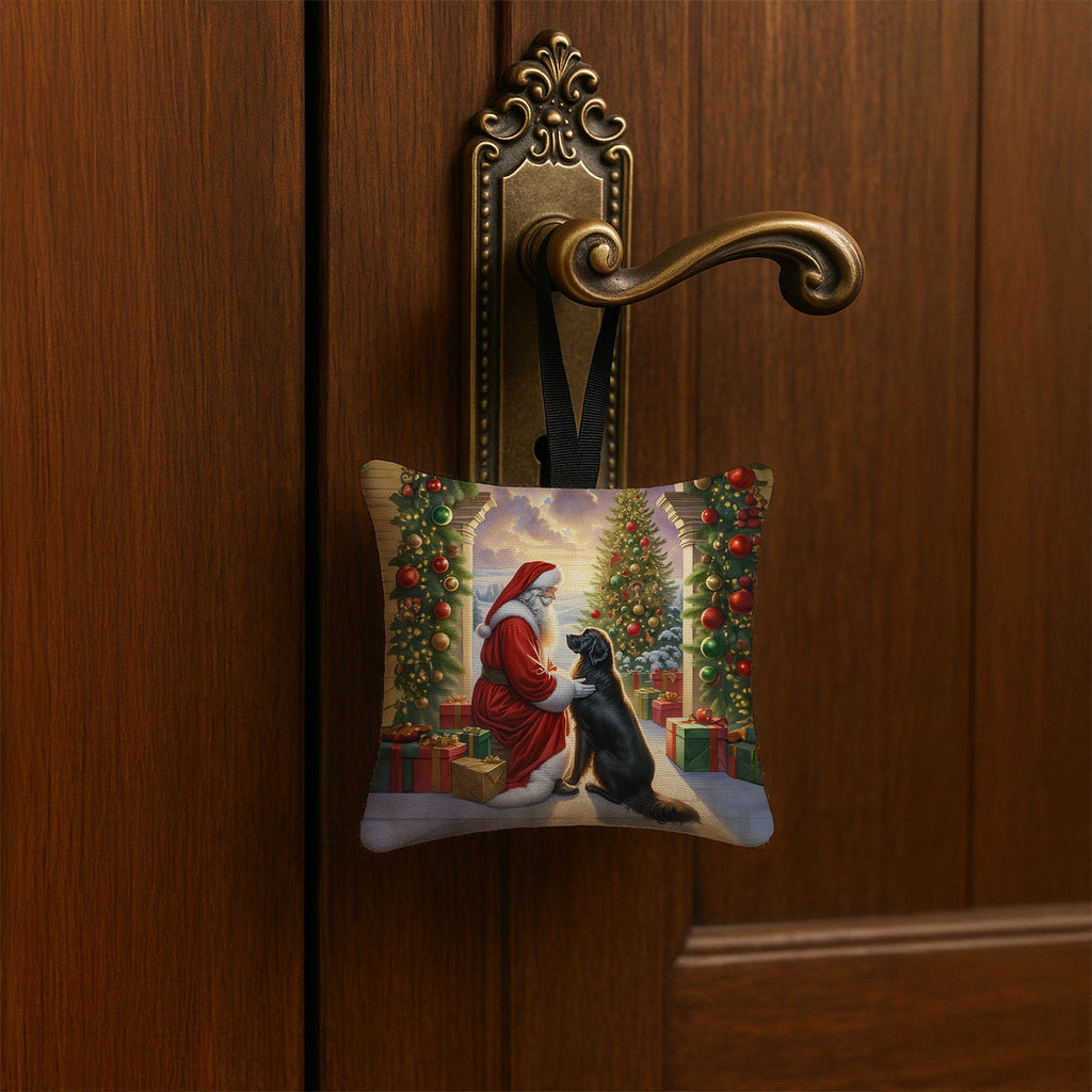 Flat-Coated Retriever and Santa Claus Hanging Square Fabric Ornament 3.5 × 3.5 Decorative Door-Knob & Tree Hanger, Soft Fabric