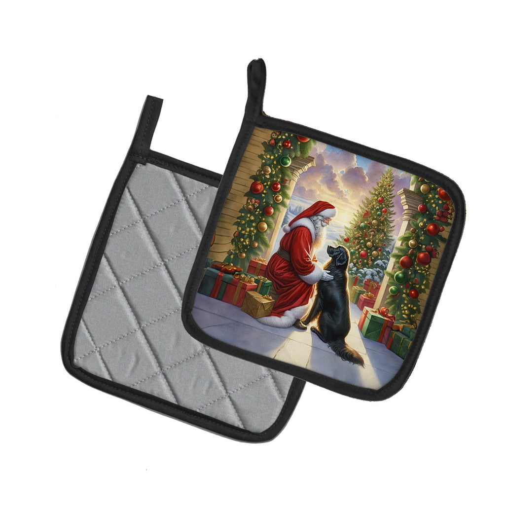 Flat-Coated Retriever and Santa Claus Pot Holder Set of 2 Heat Resistant Quilted Hot Pads 7.5 x 7.5 Inch, Insulated Kitchen Trivets for Cooking & Baking