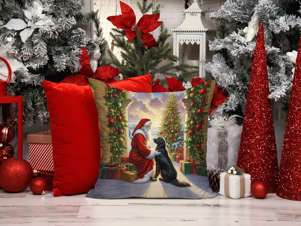 Flat-Coated Retriever and Santa Claus Decorative Throw Pillow 14x14 Indoor Outdoor Accent Cushion, Fabric Cover with Insert for Sofa, Bed, Porch & Living Room