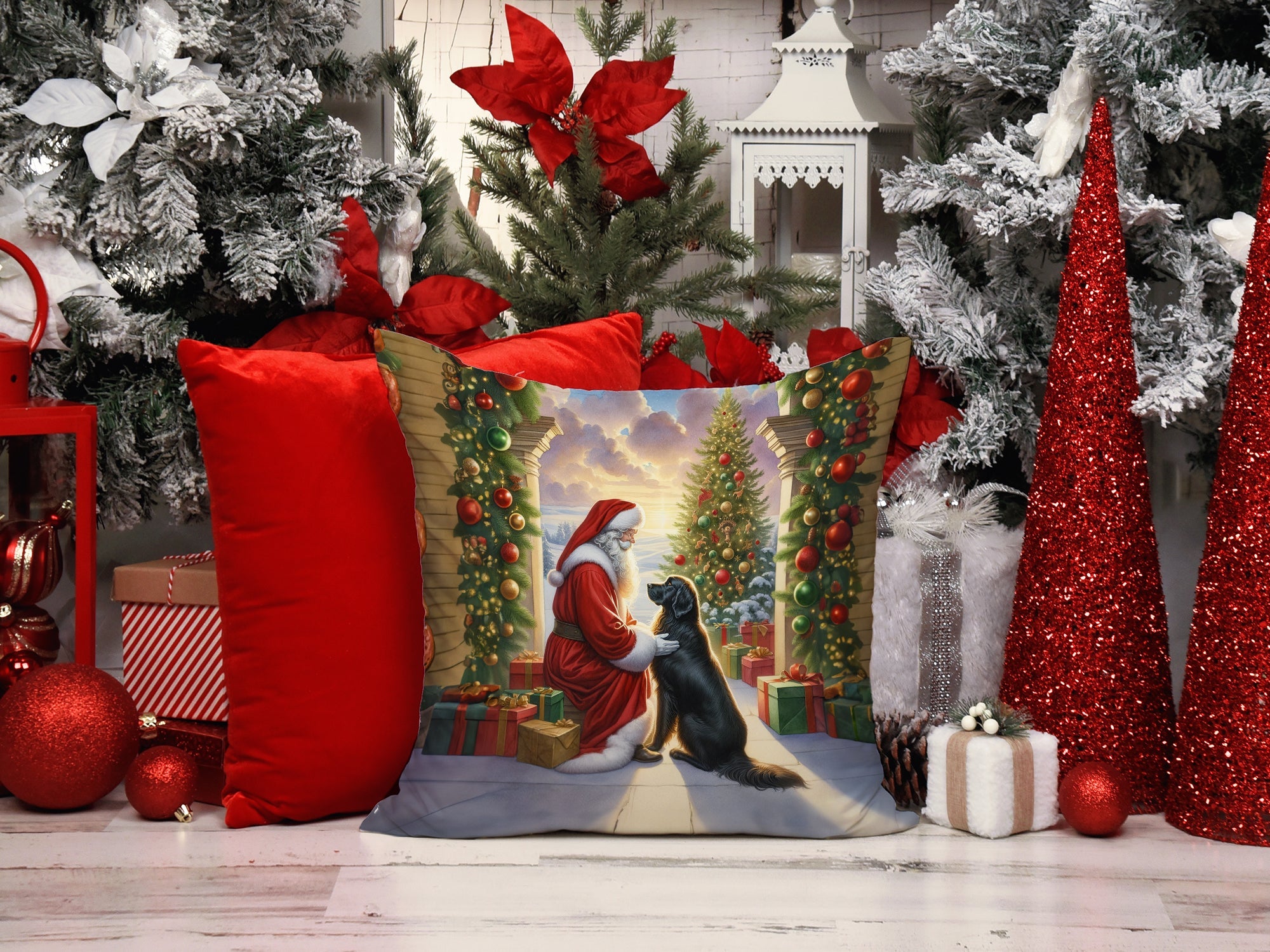 Flat-Coated Retriever and Santa Claus Decorative Throw Pillow 14x14 Indoor Outdoor Accent Cushion, Fabric Cover with Insert for Sofa, Bed, Porch & Living Room