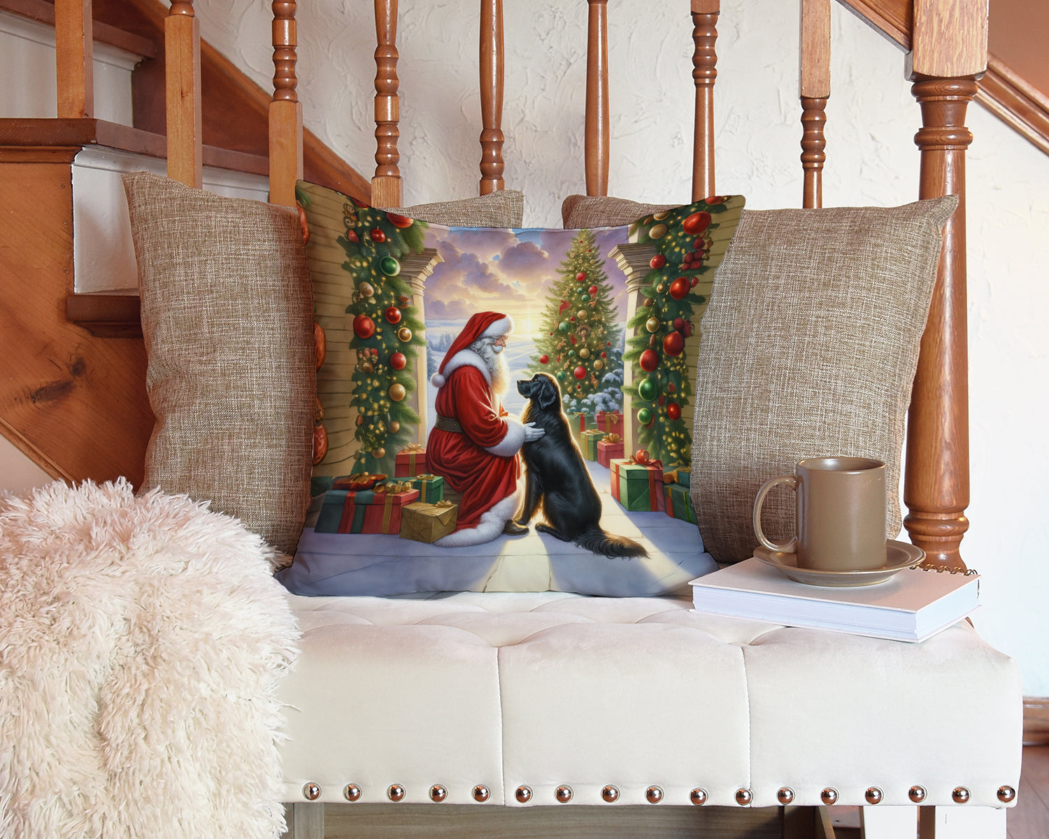 Flat-Coated Retriever and Santa Claus Decorative Throw Pillow 14x14 Indoor Outdoor Accent Cushion, Fabric Cover with Insert for Sofa, Bed, Porch & Living Room
