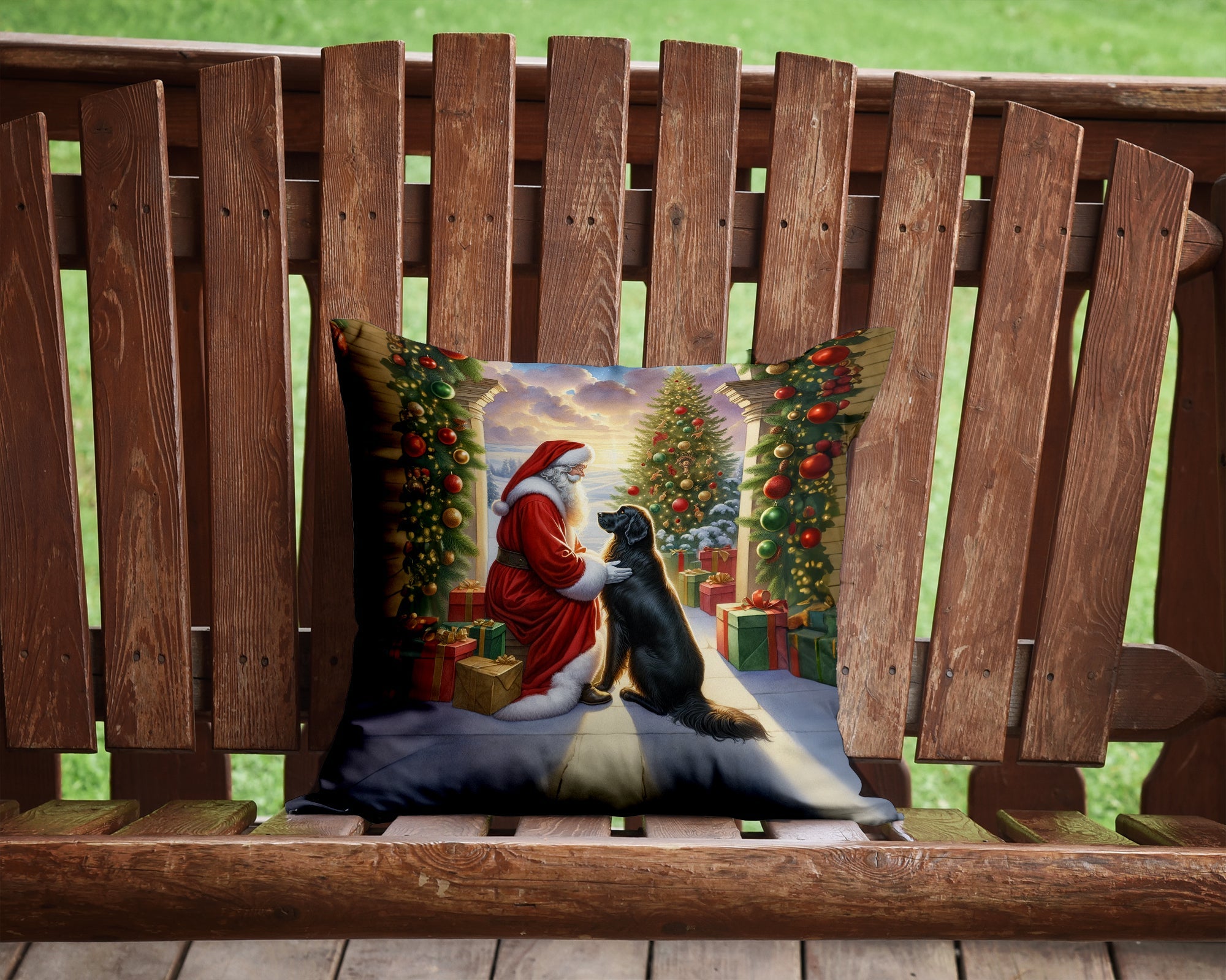 Flat-Coated Retriever and Santa Claus Decorative Throw Pillow 14x14 Indoor Outdoor Accent Cushion, Fabric Cover with Insert for Sofa, Bed, Porch & Living Room