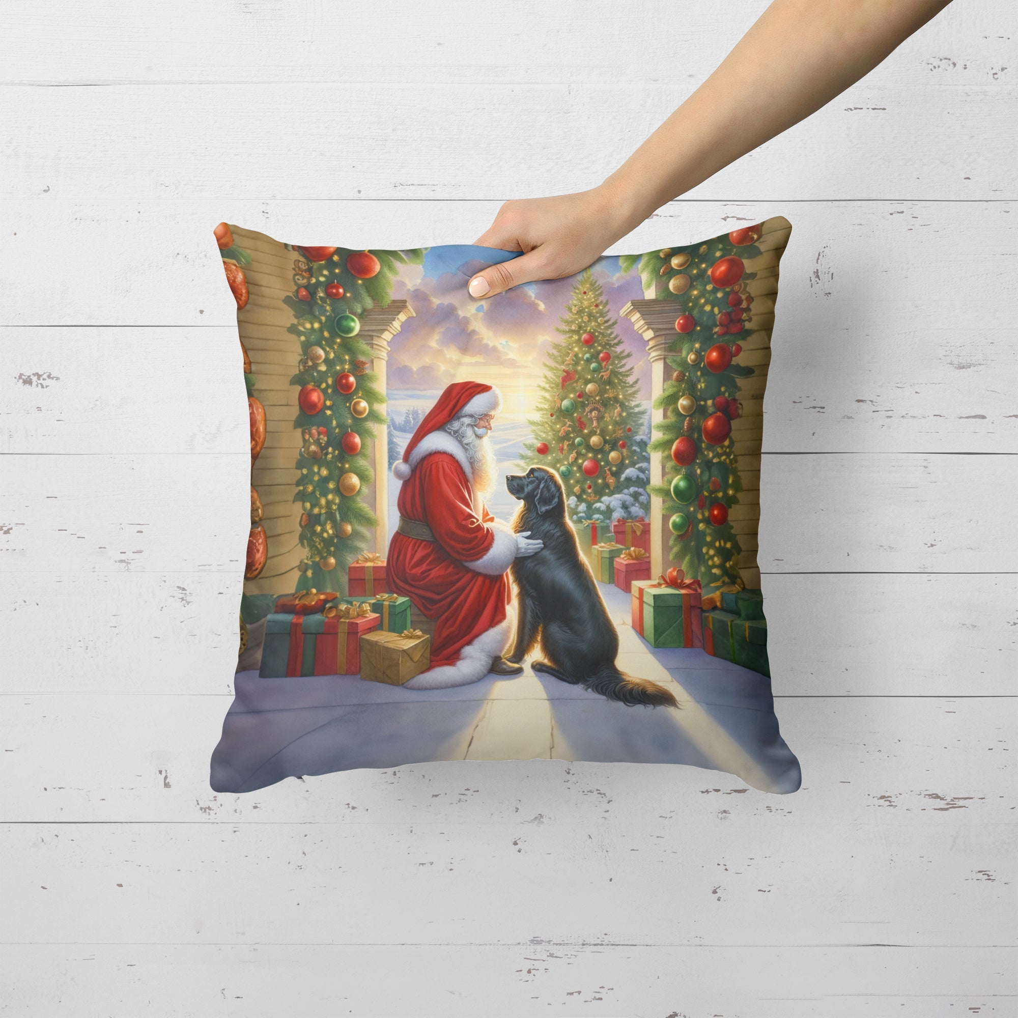 Flat-Coated Retriever and Santa Claus Decorative Throw Pillow 18x18 Indoor Outdoor Accent Cushion, Fabric Cover with Insert for Sofa, Bed, Porch & Living Room