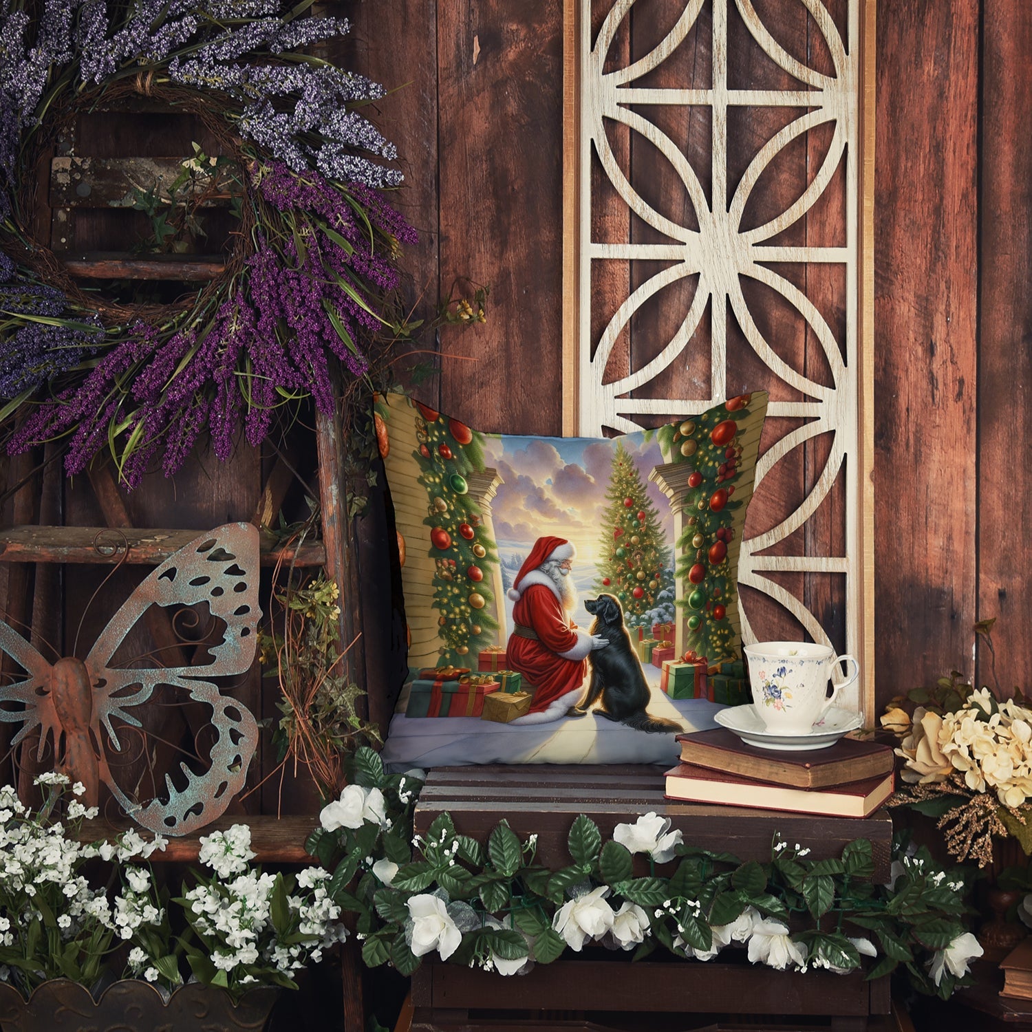 Flat-Coated Retriever and Santa Claus Decorative Throw Pillow 18x18 Indoor Outdoor Accent Cushion, Fabric Cover with Insert for Sofa, Bed, Porch & Living Room
