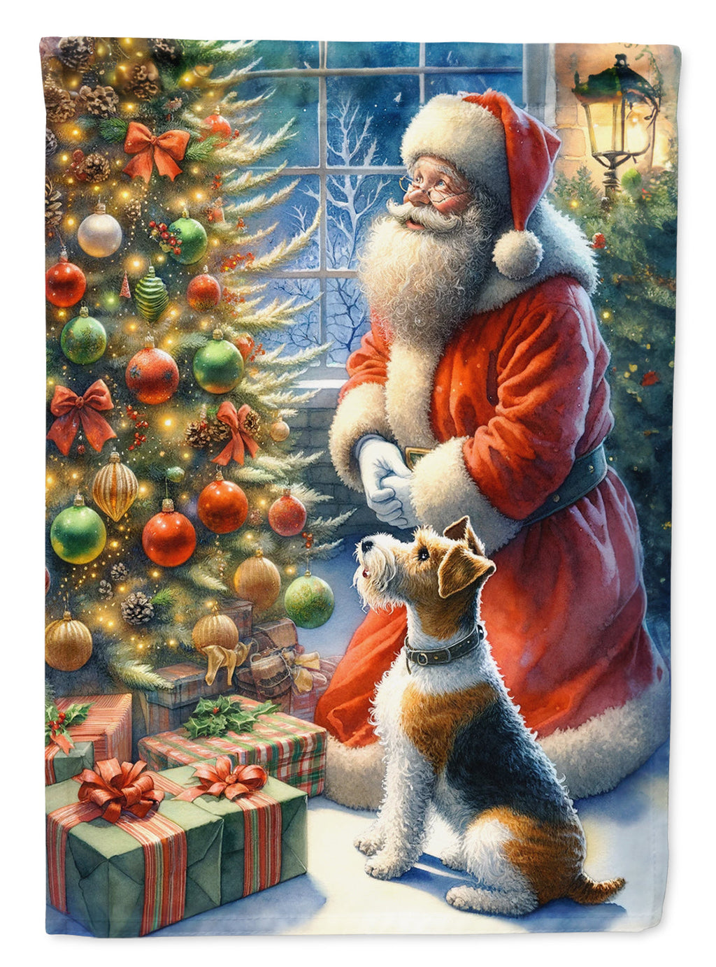 Fox Terrier and Santa Claus House Flag 28x40 Porch Sleeve Pole Decorative Outside Yard Banner Artwork Wall Hanging, Polyester