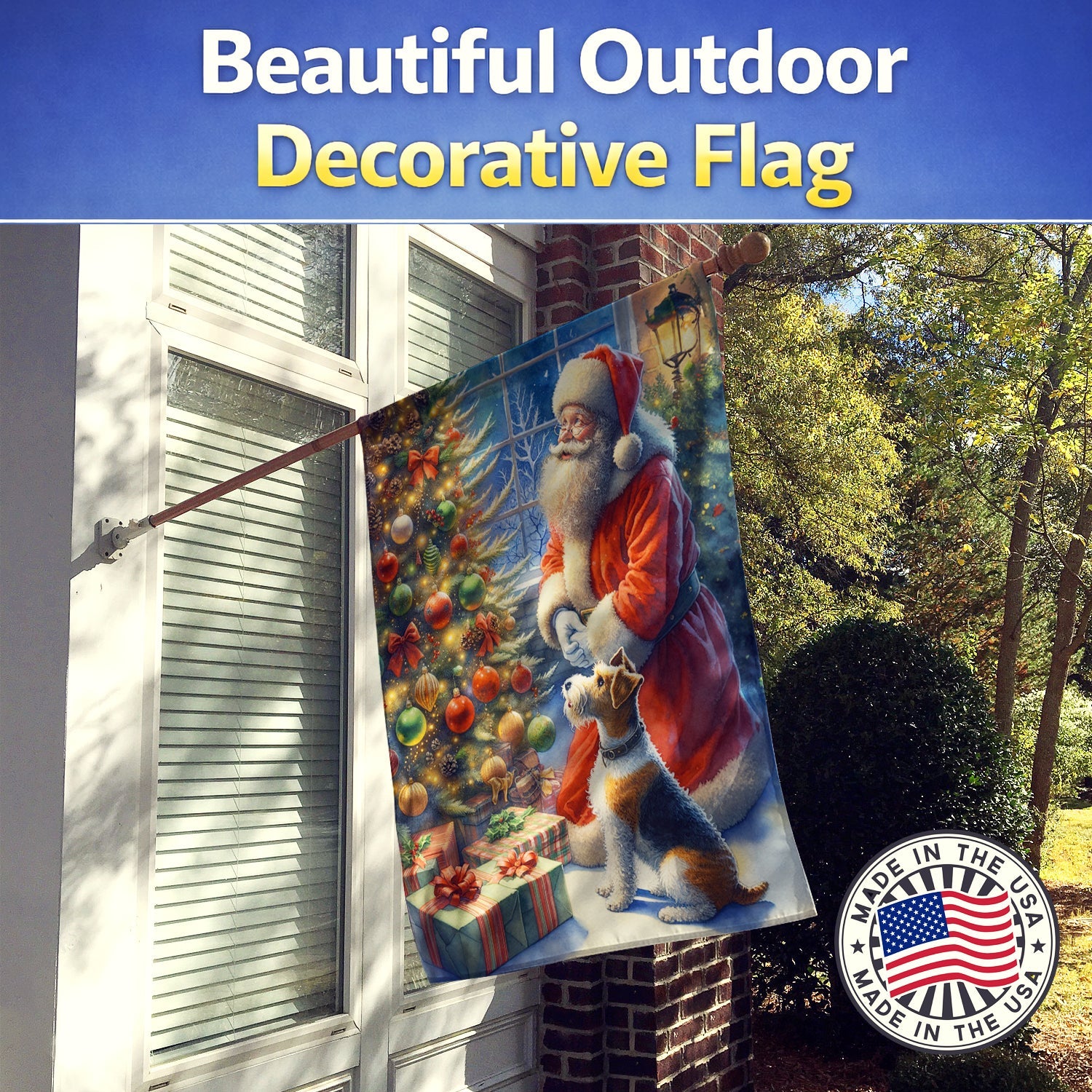 Fox Terrier and Santa Claus House Flag 28x40 Porch Sleeve Pole Decorative Outside Yard Banner Artwork Wall Hanging, Polyester