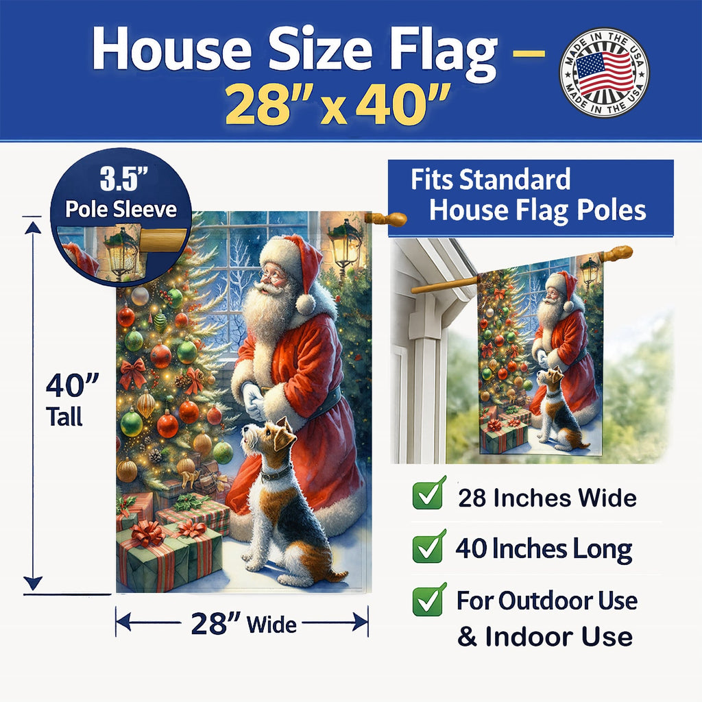 Fox Terrier and Santa Claus House Flag 28x40 Porch Sleeve Pole Decorative Outside Yard Banner Artwork Wall Hanging, Polyester