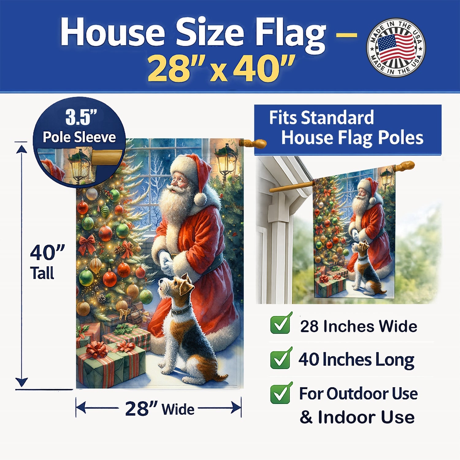 Fox Terrier and Santa Claus House Flag 28x40 Porch Sleeve Pole Decorative Outside Yard Banner Artwork Wall Hanging, Polyester